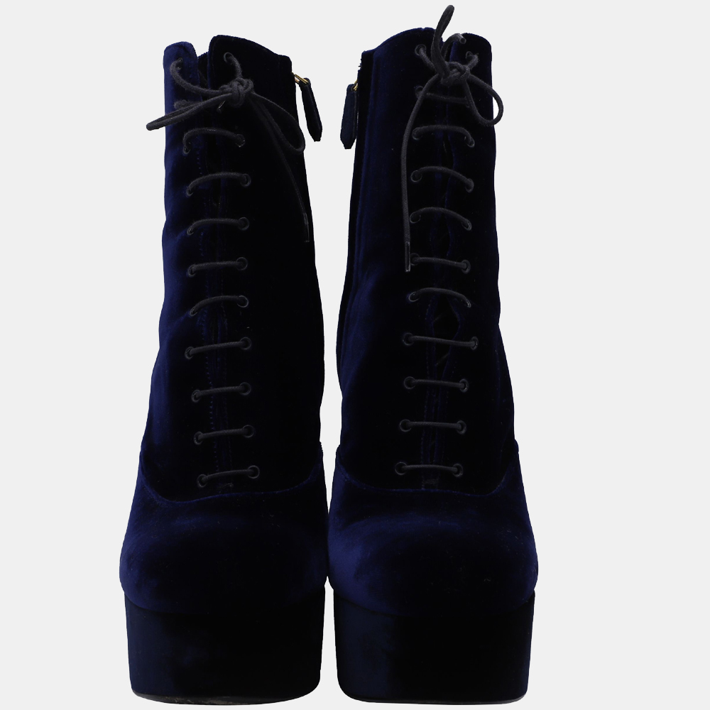 

Prada Navy Blue Velvet Lace-up Platform Boots Size EU