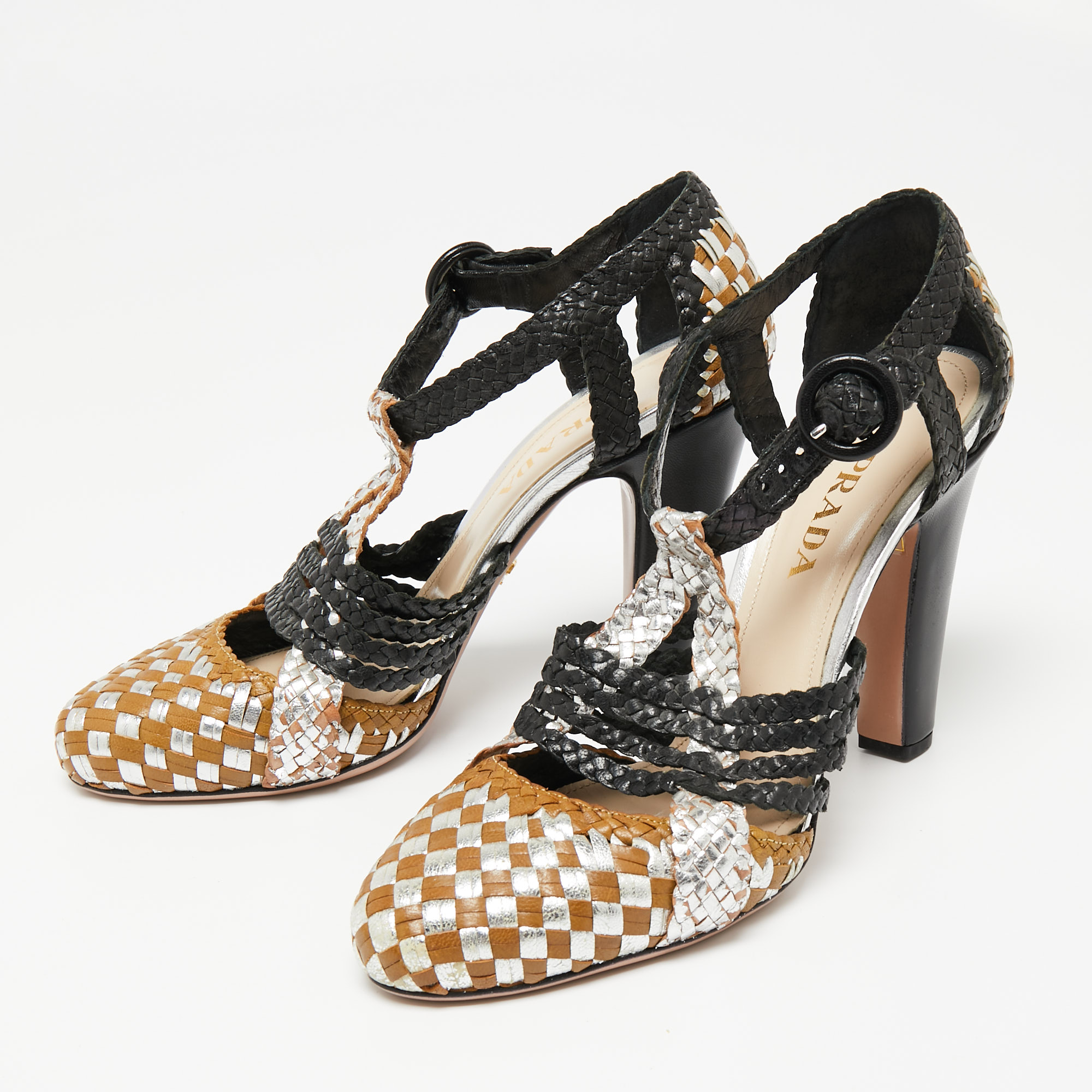 

Prada Tri-Color Woven Leather Ankle-Strap Pumps Size, Black
