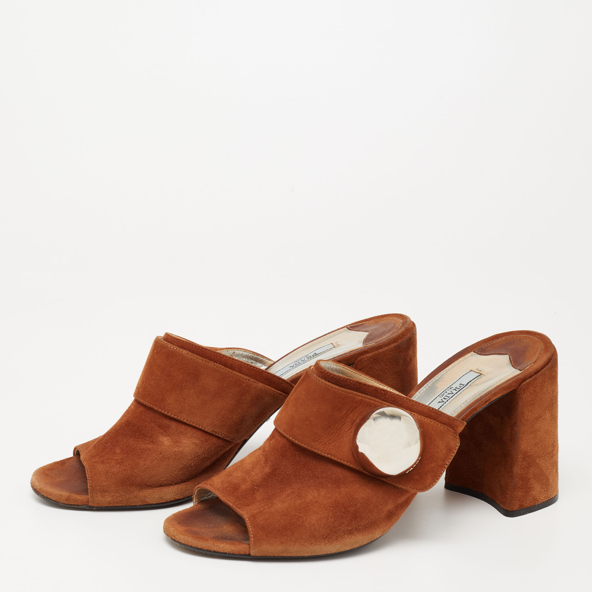 

Prada Brown Suede Block Heel Slide Sandals Size