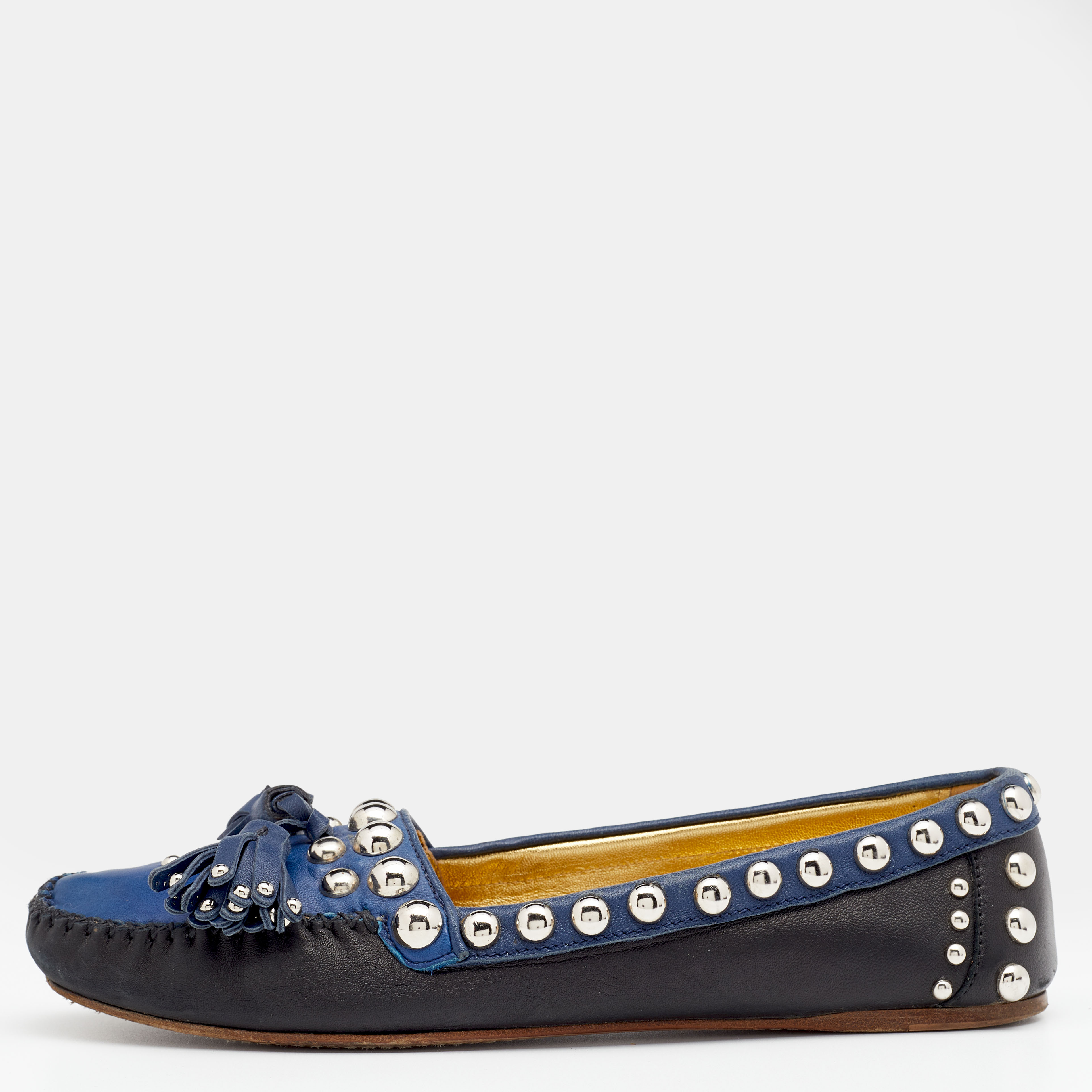 

Prada Black/Blue Leather Studded Slip On Loafers Size