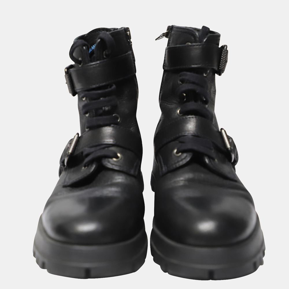 

Prada Black Leather Combat Ankle Boots Size EU