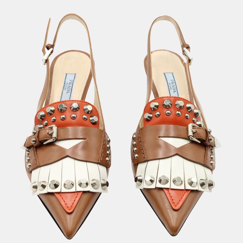 

Prada Tan Leather Fringed Studded Slingback Pumps 55mm Size EU, Multicolor