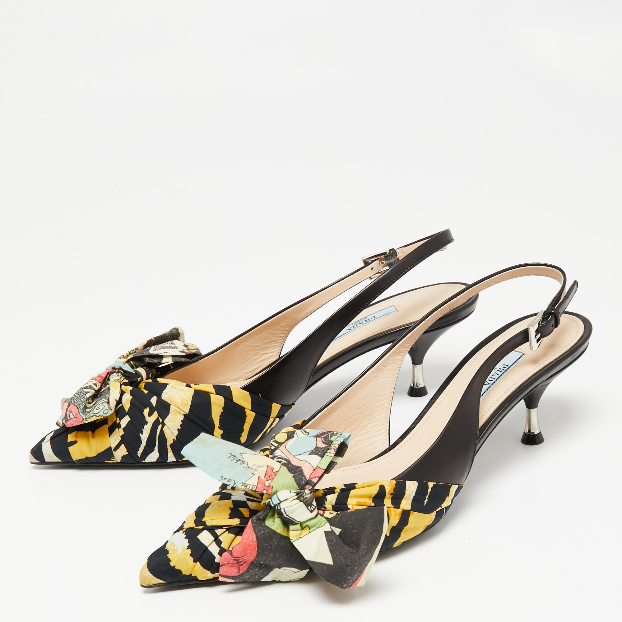 

Prada Multicolor Leather and Printed Fabric Bow Pointed-Toe Slingback Sandals Size
