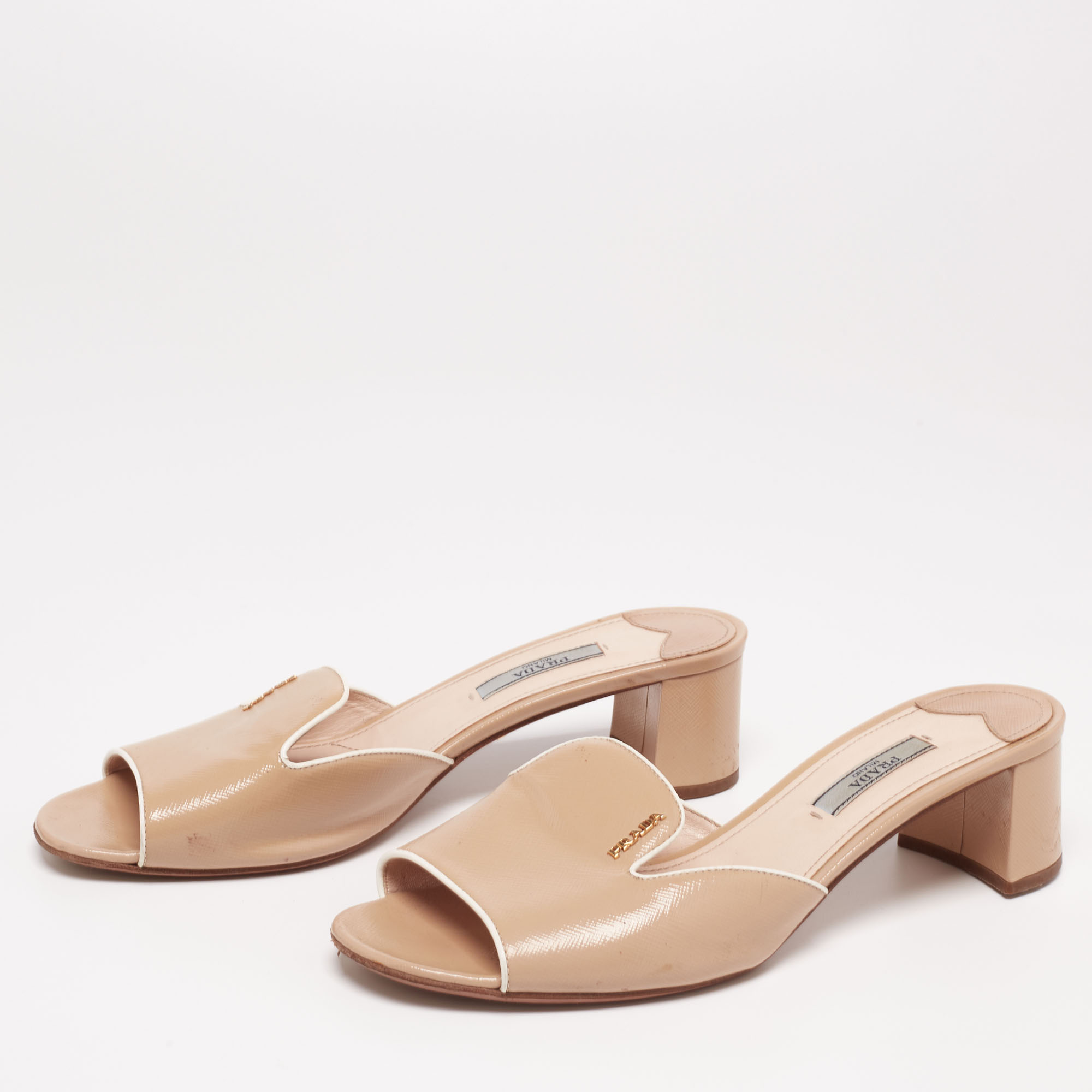 

Prada Beige Saffiano Leather Block Heel Slide Sandals Size