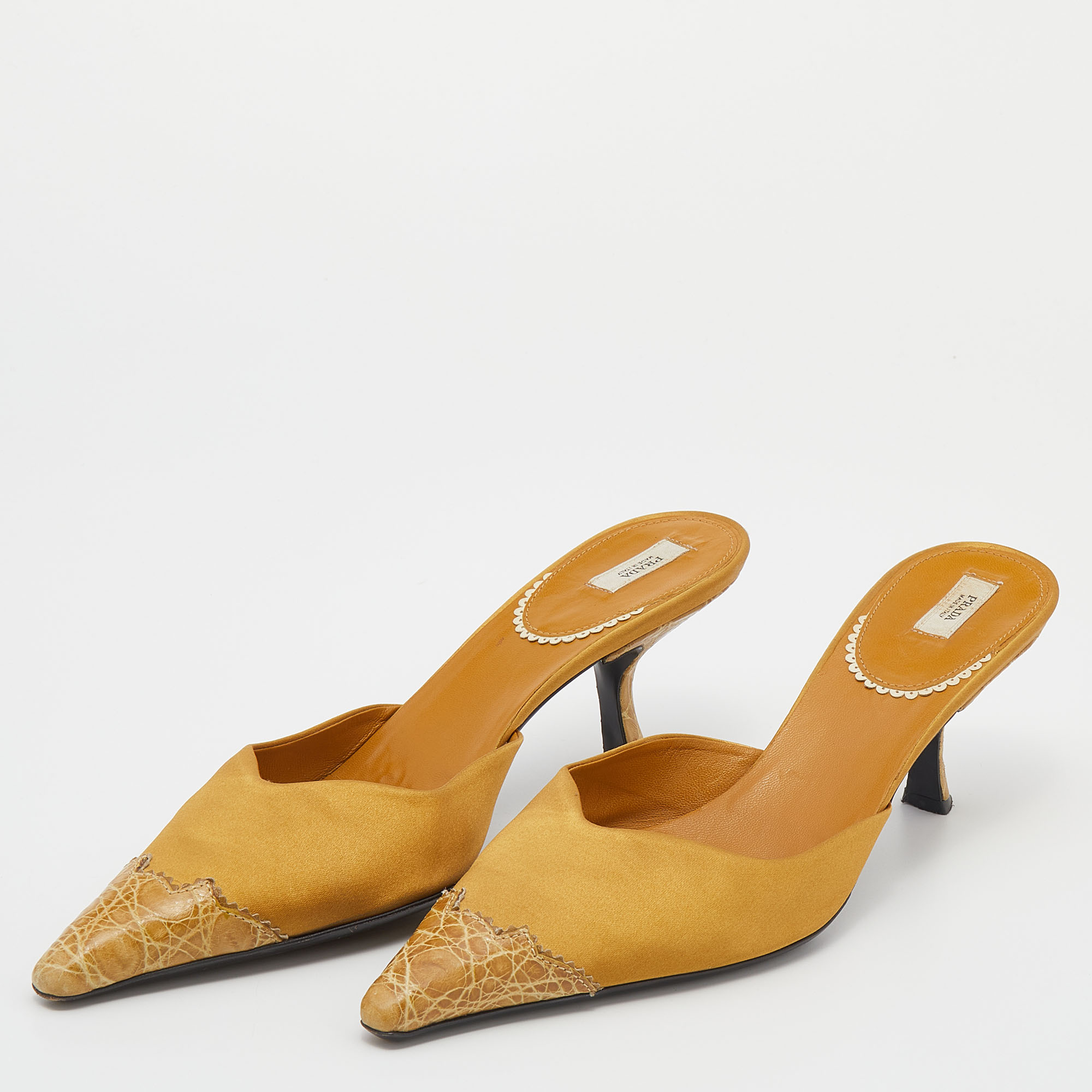 

Prada Mustard Yellow Satin And Crocodile Leather Pointed Toe Mule Sandals Size