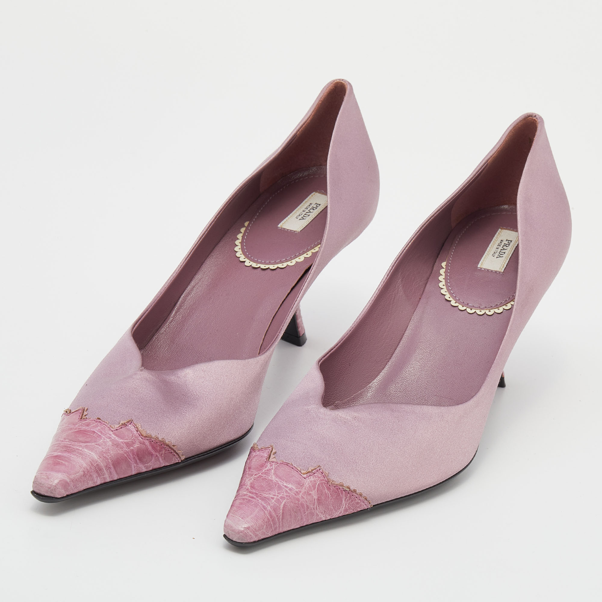 

Prada Pink Satin And Crocodile Leather Pointed Toe Pumps Size
