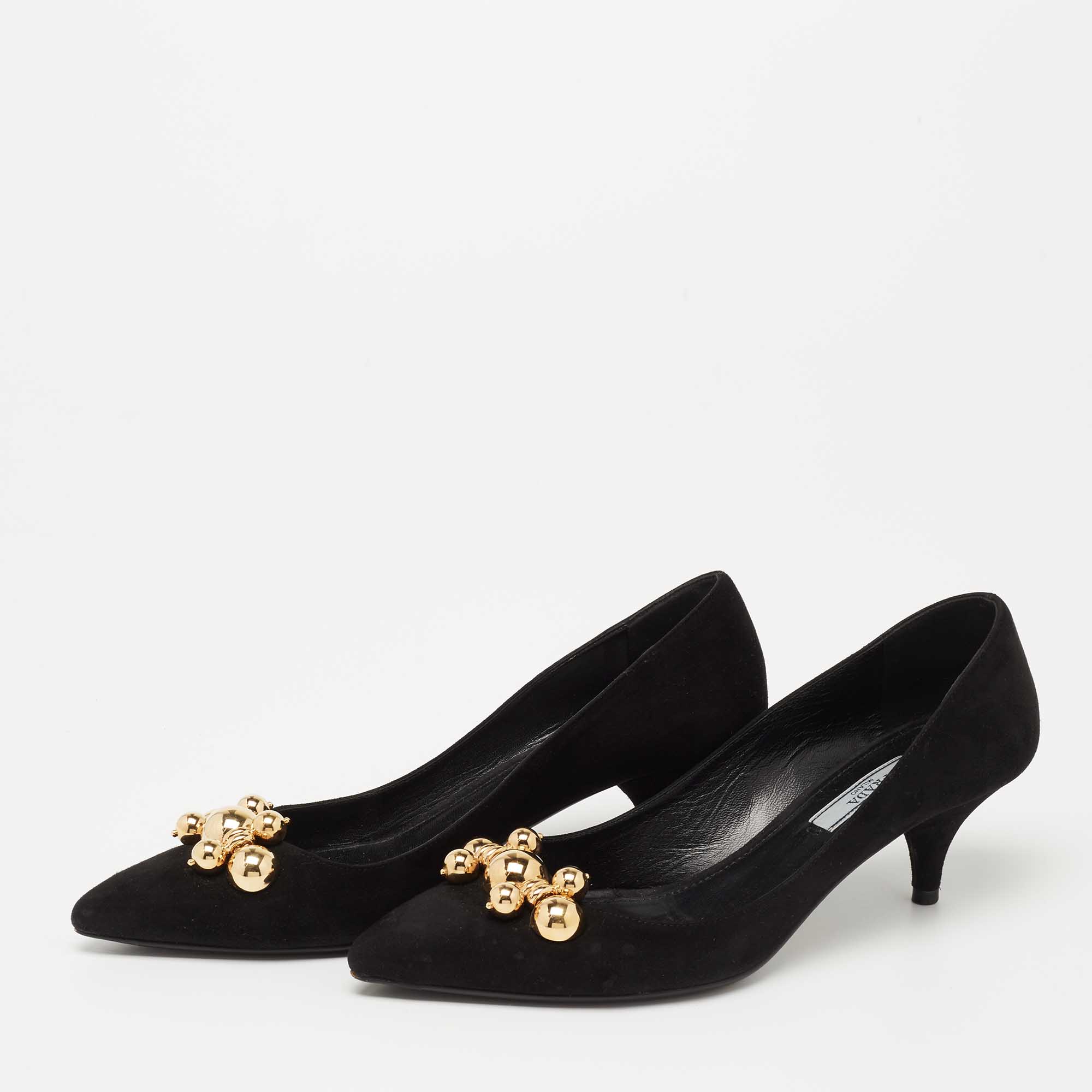 

Prada Black Suede Embellished Kitten Heels Pumps Size