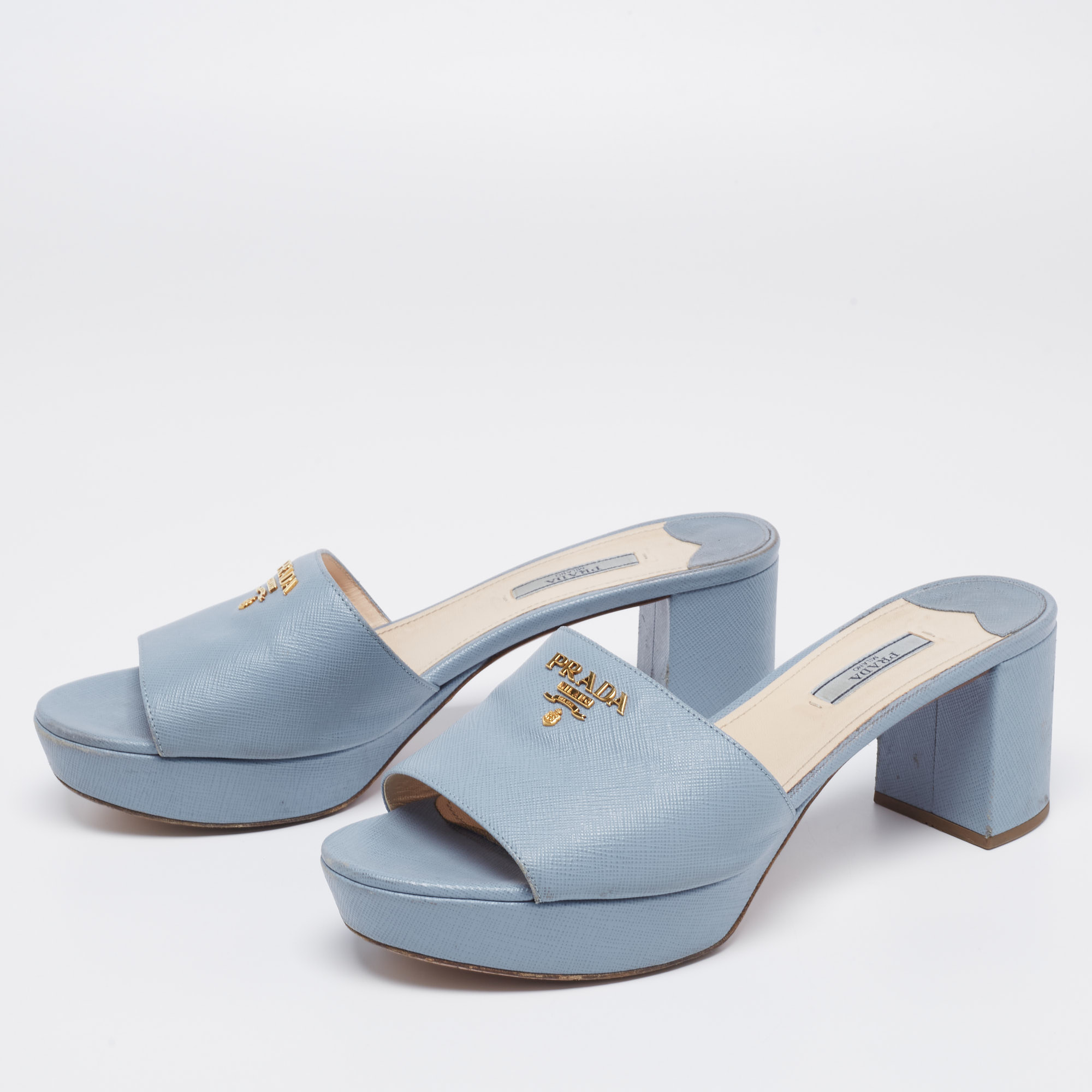 

Prada Blue Saffiano Leather Block Heel Slide Sandals Size