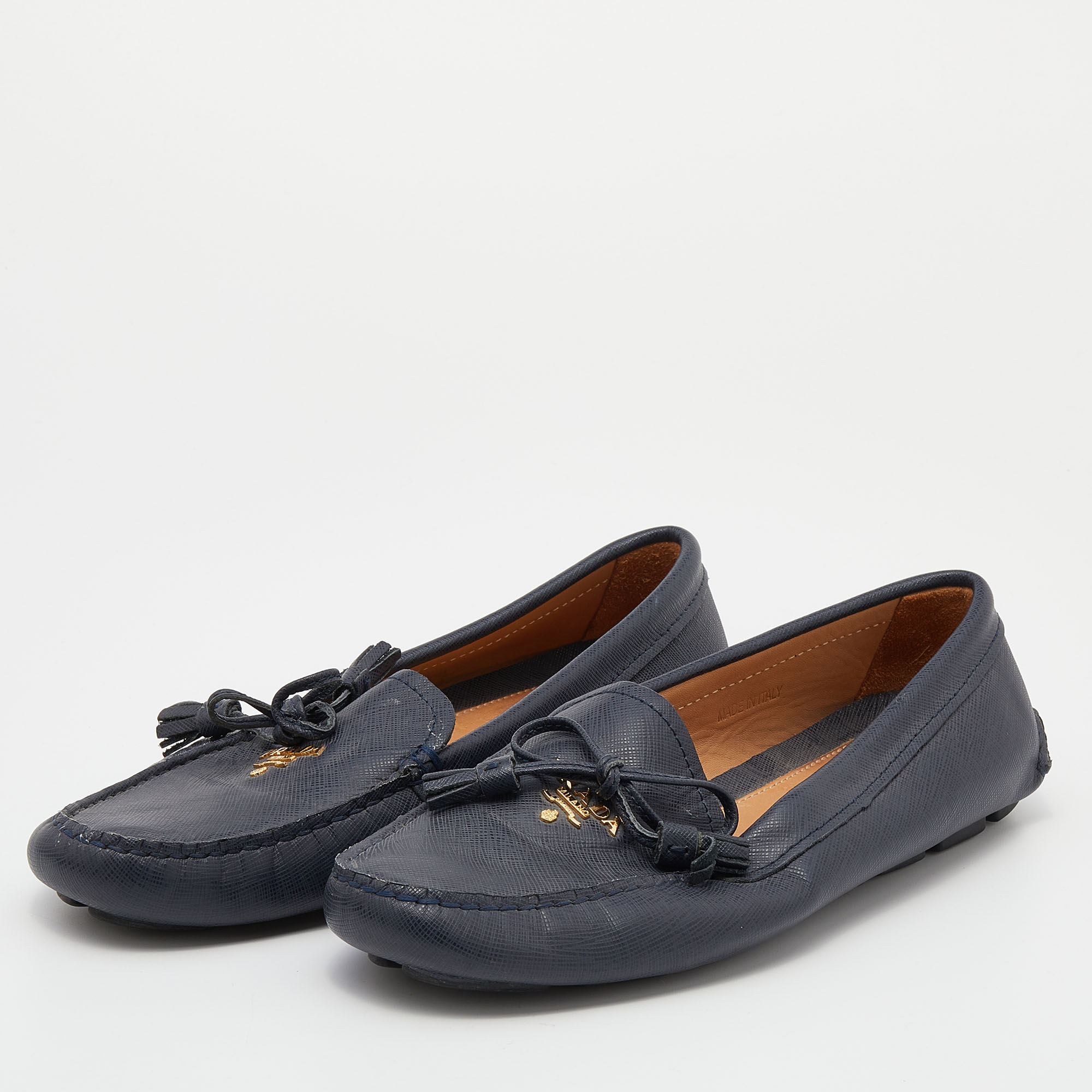 

Prada Navy Blue Saffiano Leather Bow Slip On Loafers Size