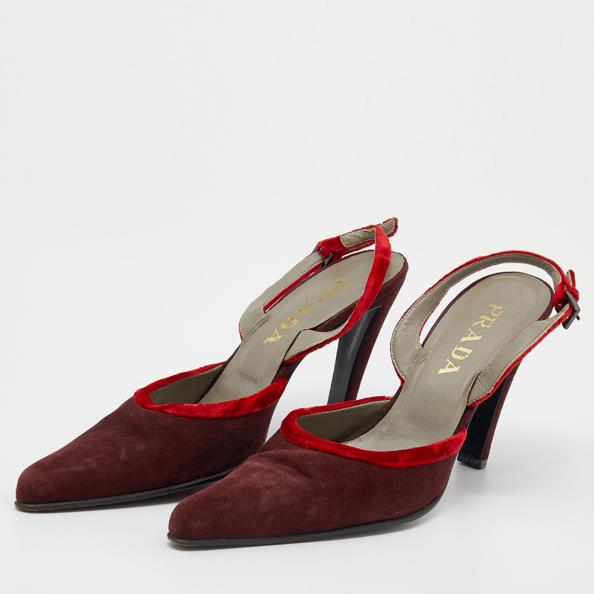 

Prada Vintage Burgundy/Red Suede And Velvet Slingback Sandals Size