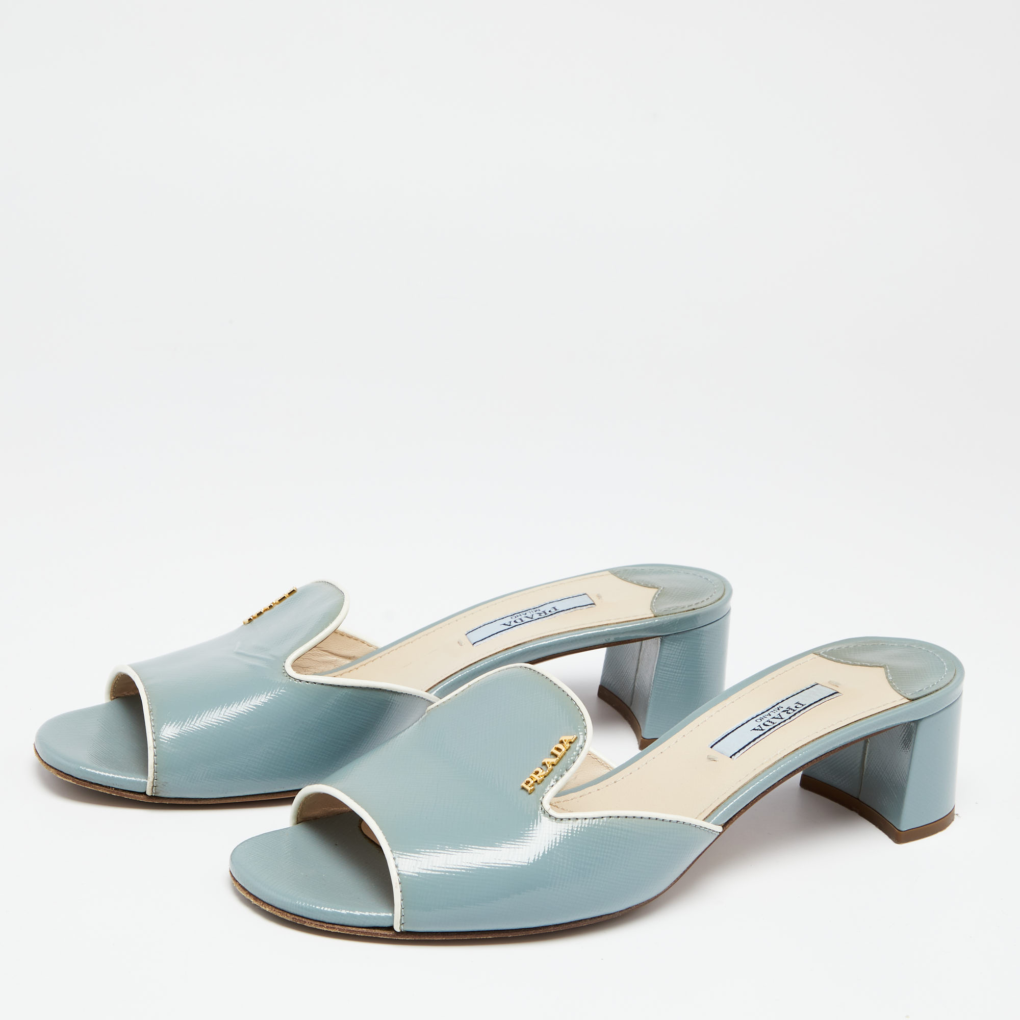 

Prada Light Blue Saffiano Vernice Leather Slide Sandals Size