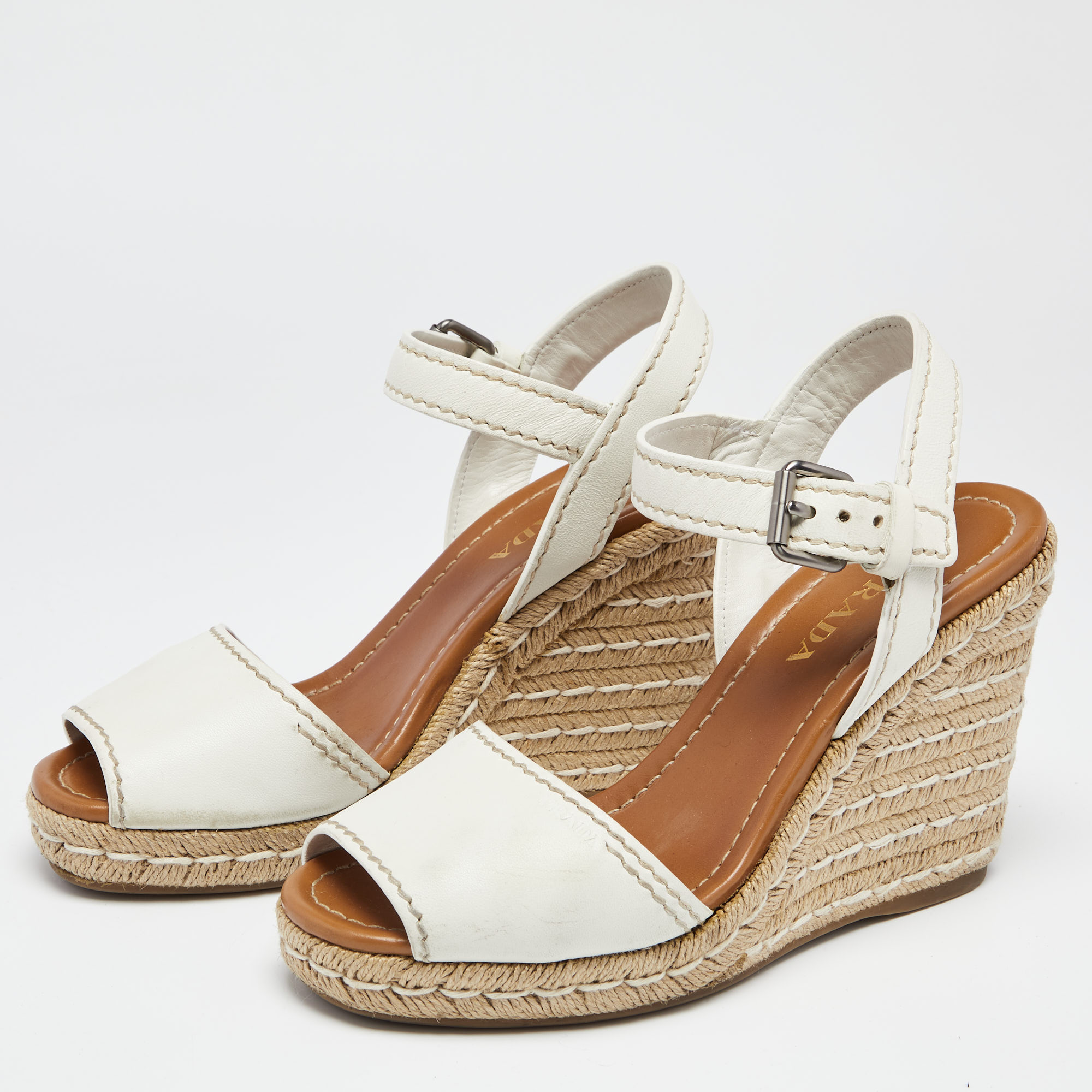

Prada White Leather Flaviana Open Toe Ankle Strap Wedge Sandals Size