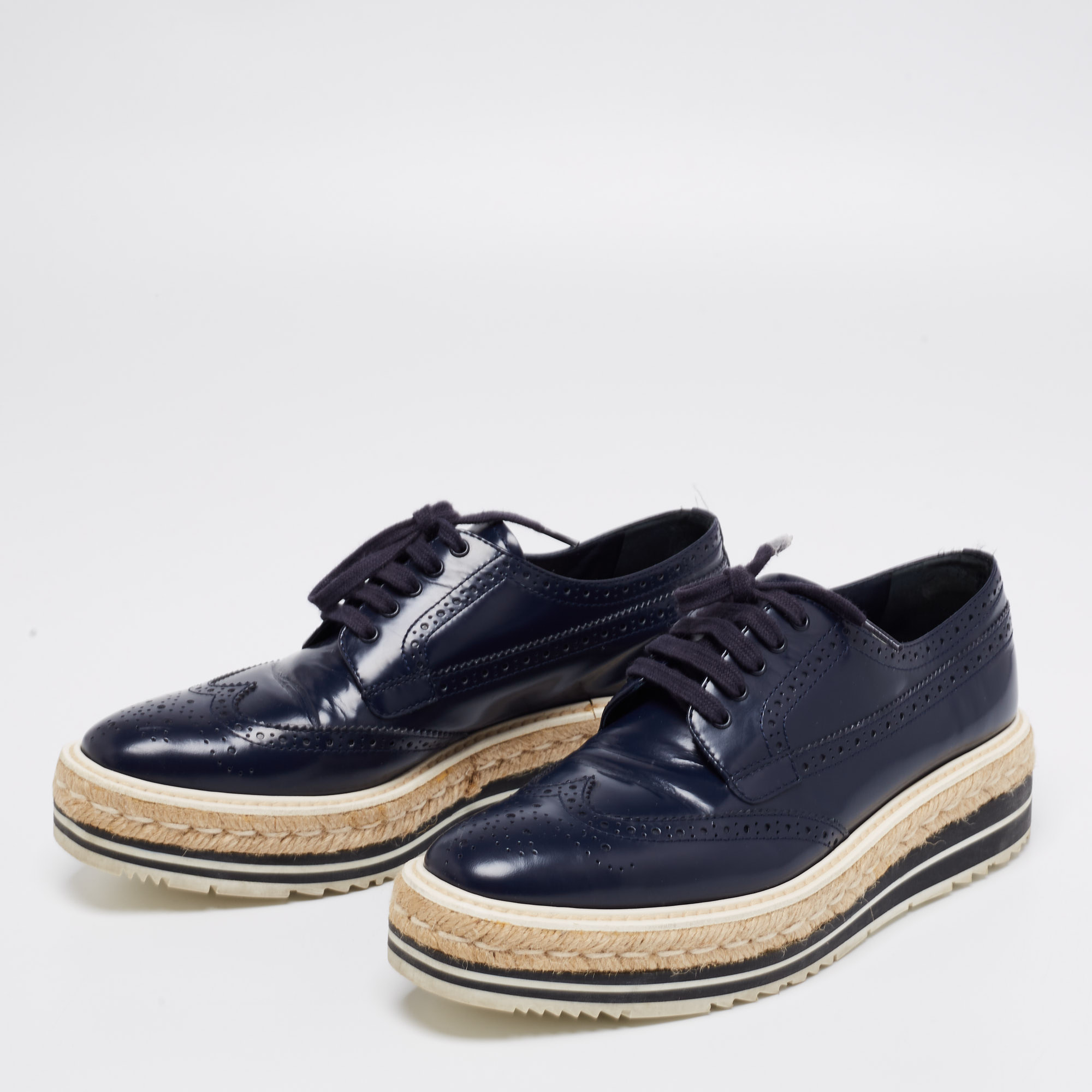 

Prada Navy Blue Brogue Leather Derby Lace-Up Espadrille Sneakers Size