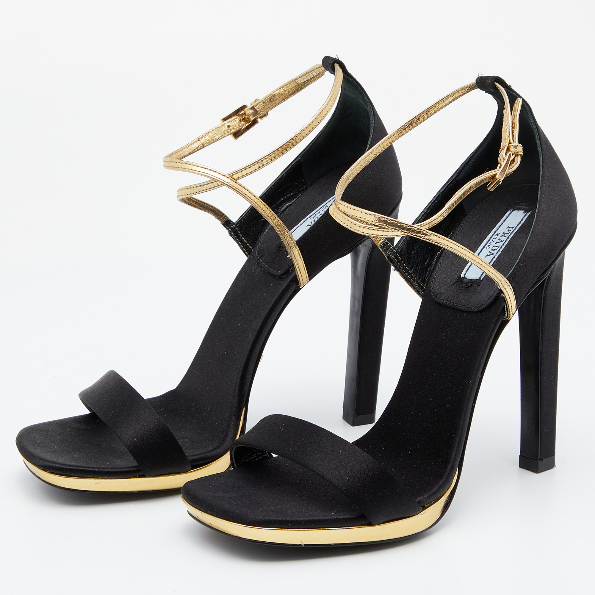 

Prada Black/Gold Satin And Leather Criss Cross Ankle Strap Sandals Size