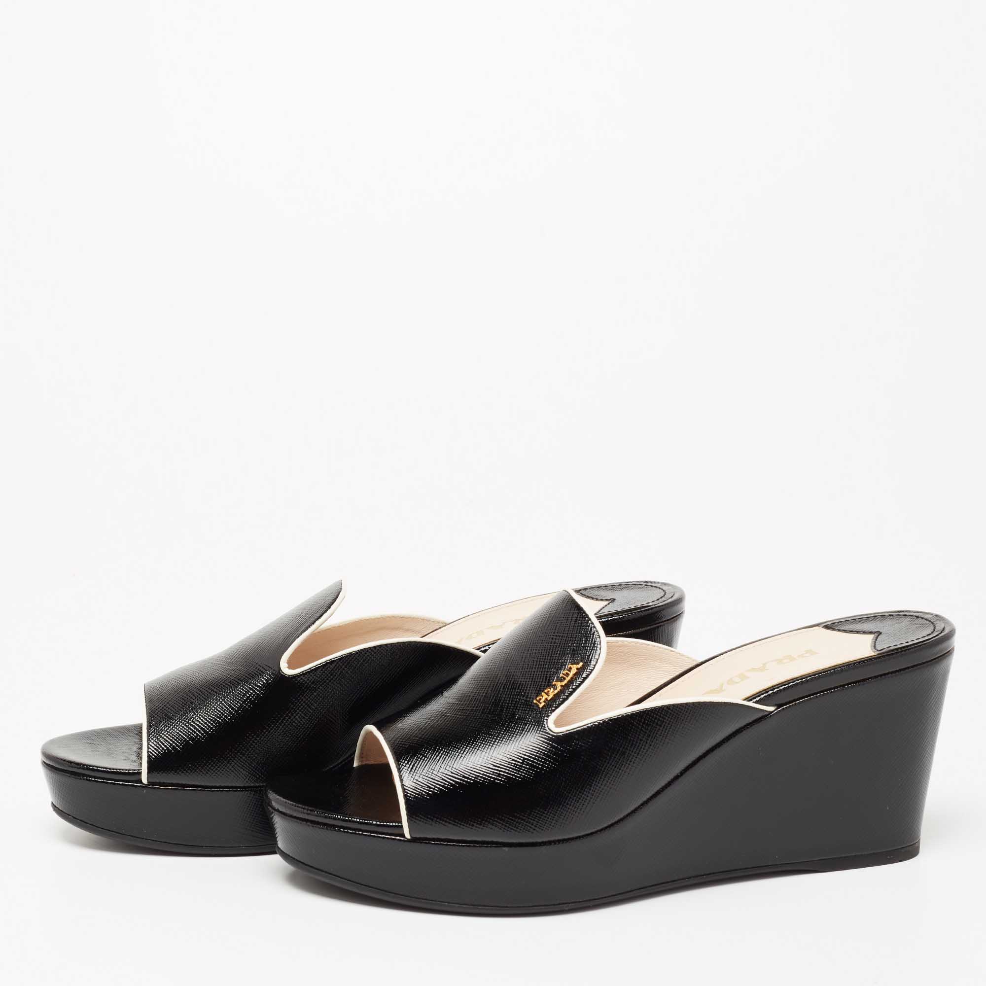 

Prada Black Saffiano Patent Leather Wedge Slide Sandals Size