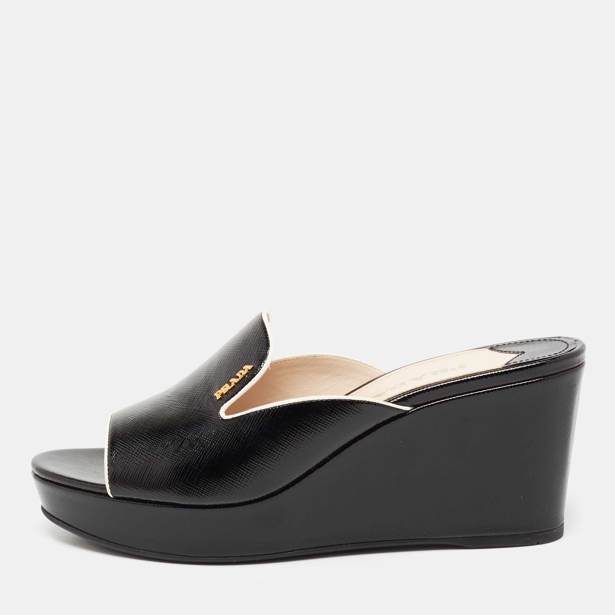 

Prada Black Saffiano Patent Leather Wedge Slide Sandals Size
