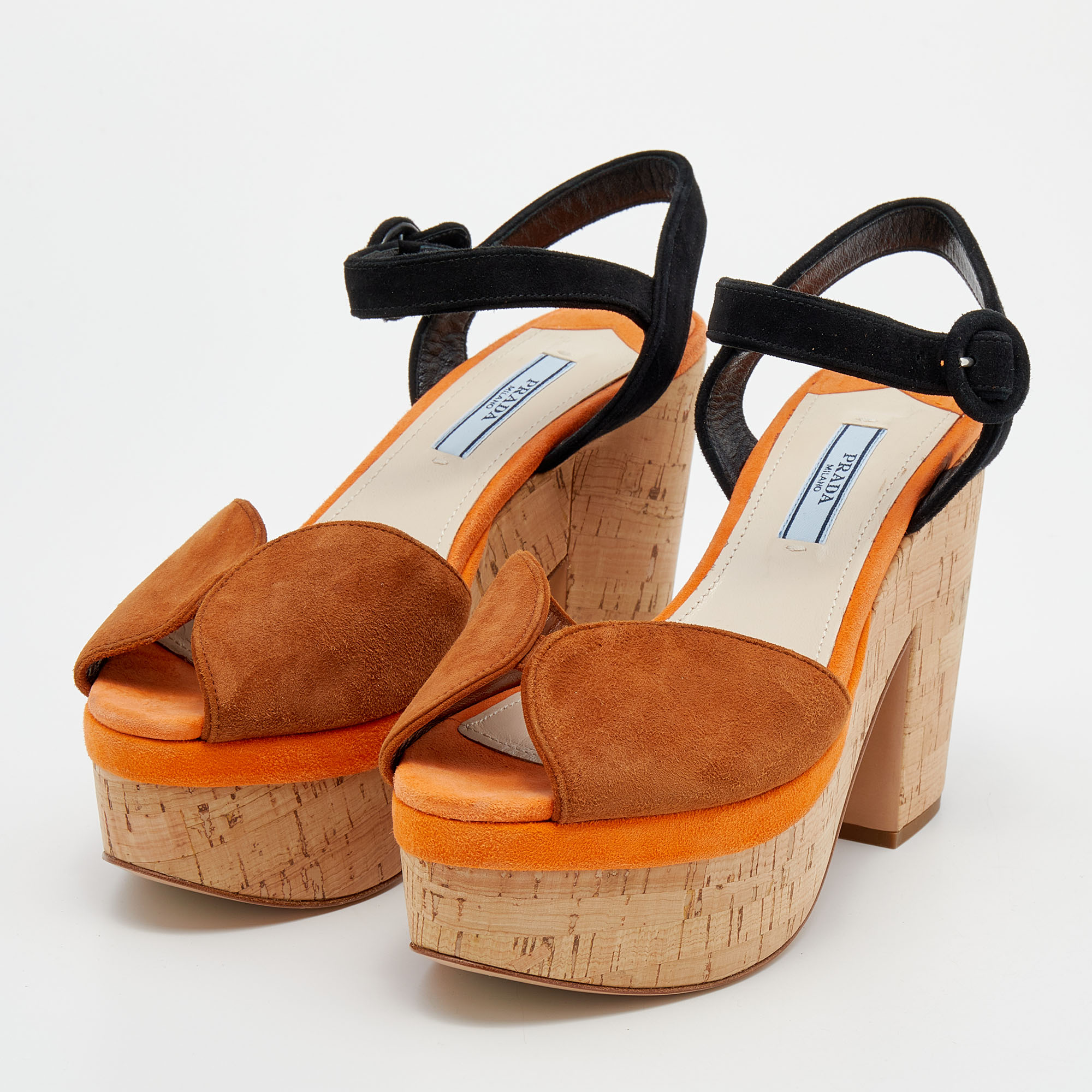 

Prada Multicolor Suede Cork Block Heel Ankle Strap Platform Sandals Size