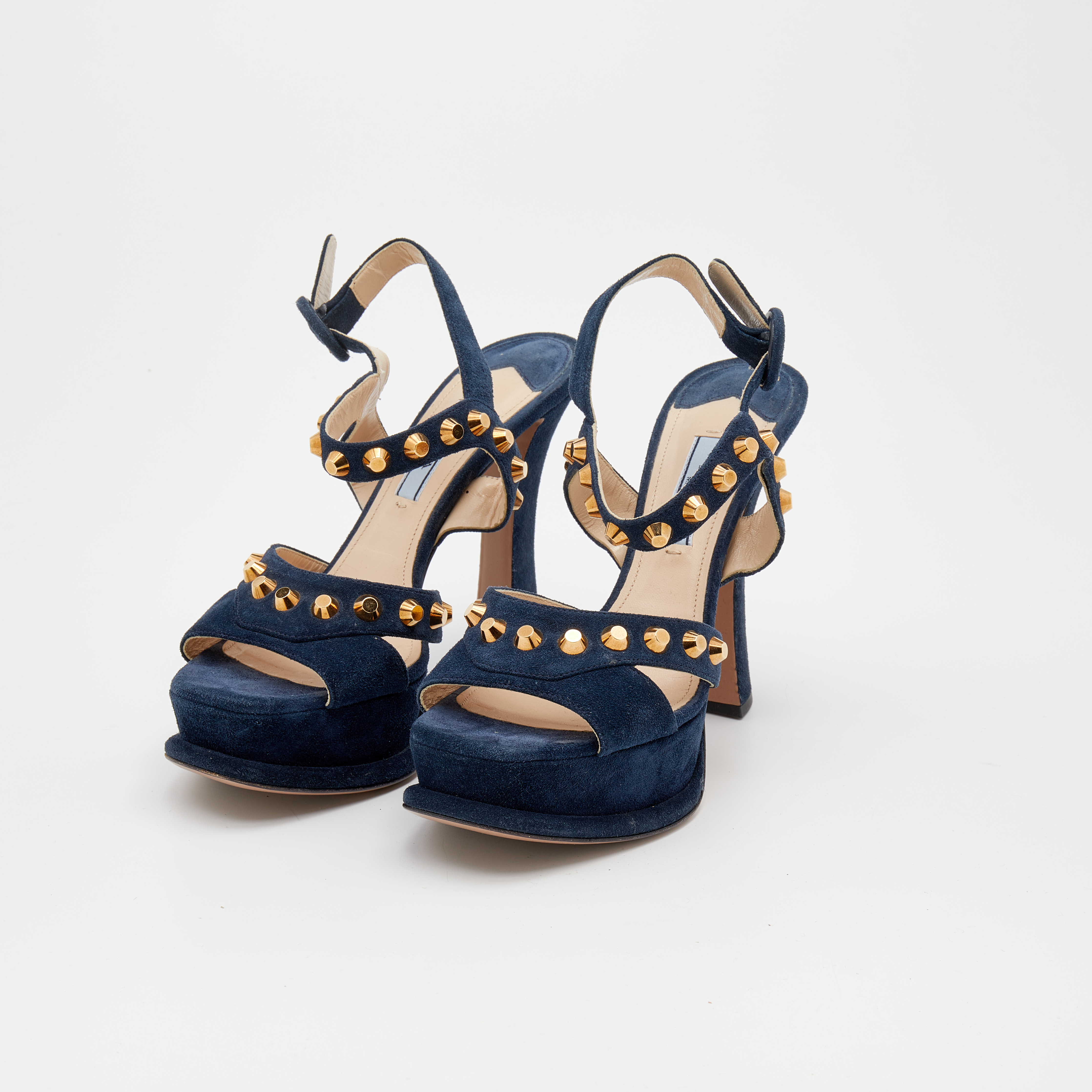 

Prada Dark Blue Suede Studded Ankle Strap Platform Sandals Size