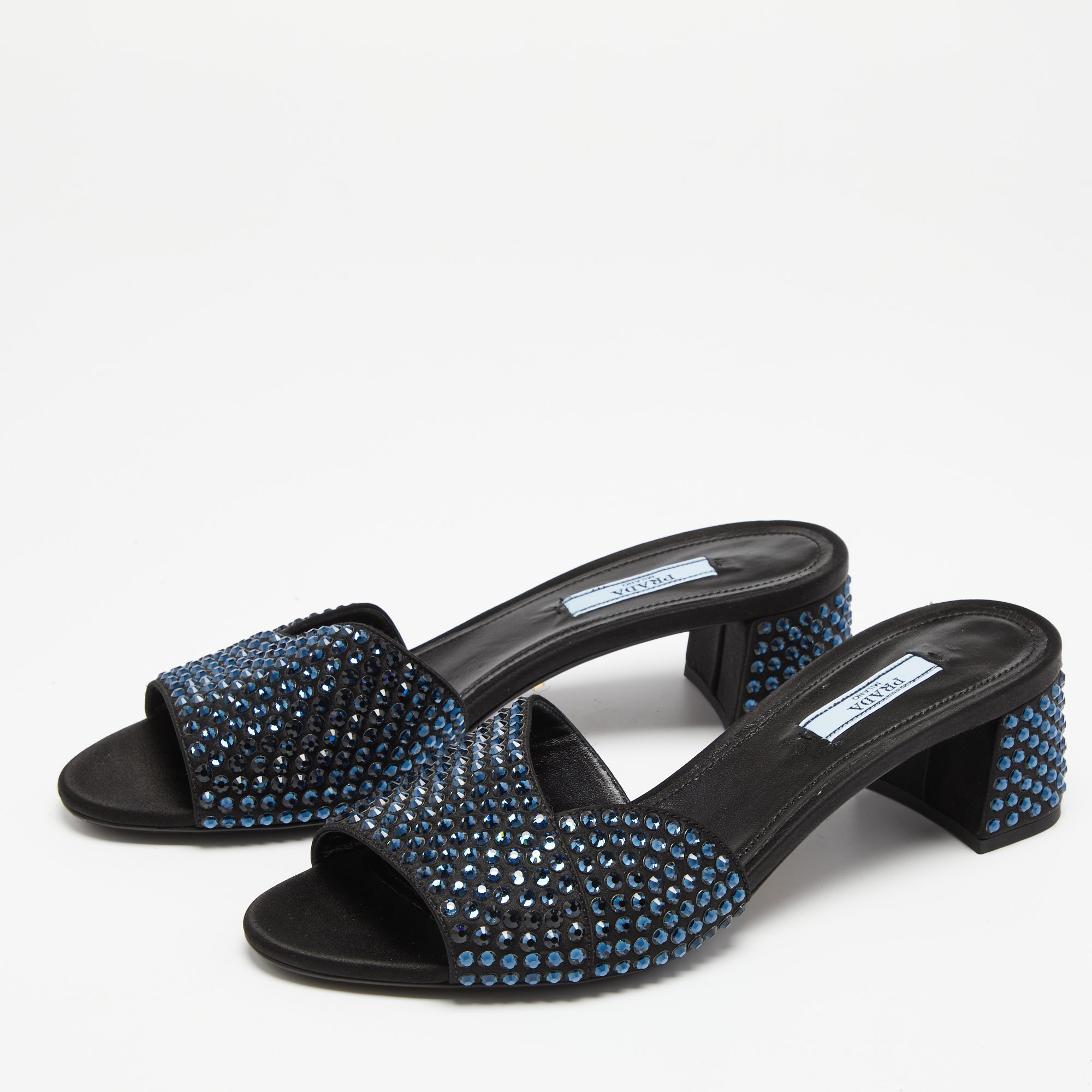 

Prada Black Satin Crystal Embellished Block Heel Sandals