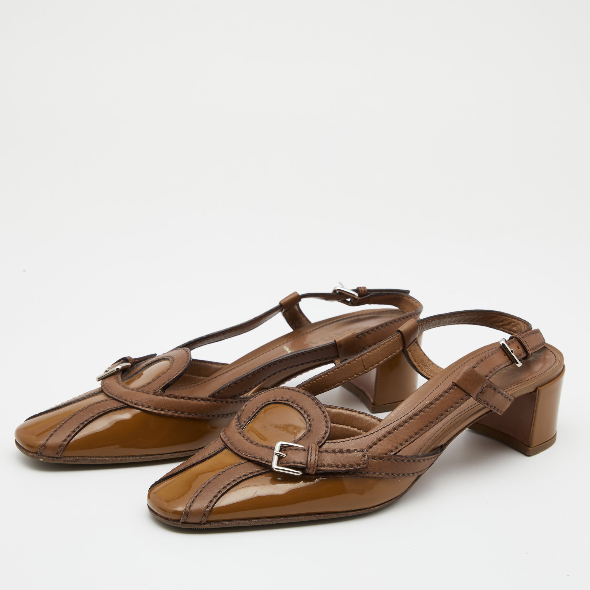 

Prada Brown Leather And Patent Slingback Sandals Size
