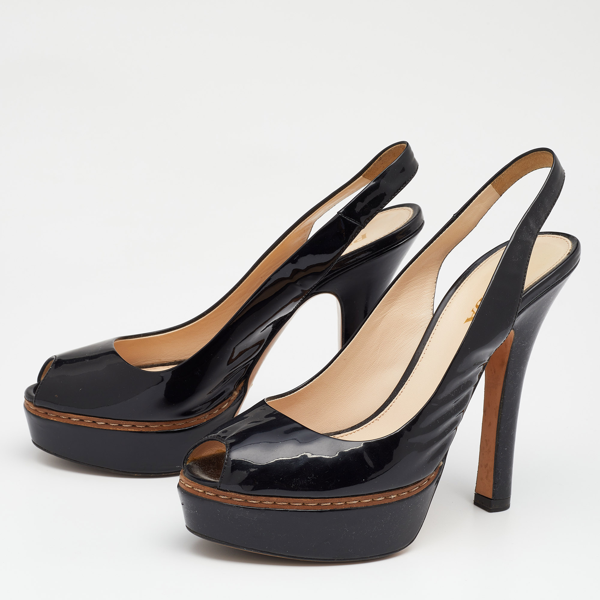 

Prada Black Patent Leather Peep Toe Slingback Platform Sandals Size