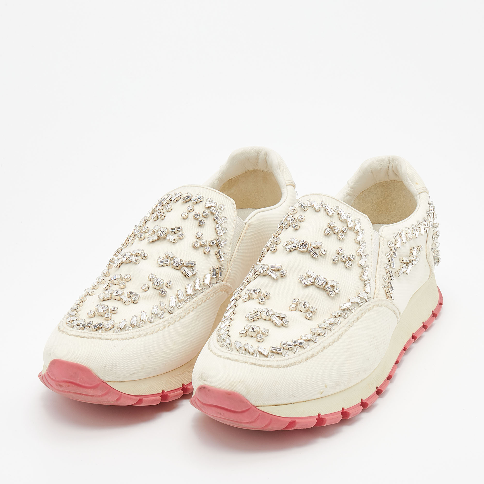 

Prada White Nylon Crystal Embellished Slip On Sneakers Size