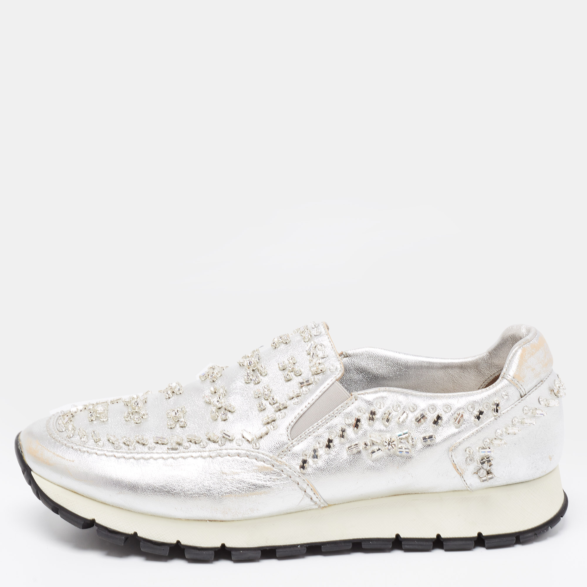 

Prada Silver Leather Embellished Slip On Sneakers Size
