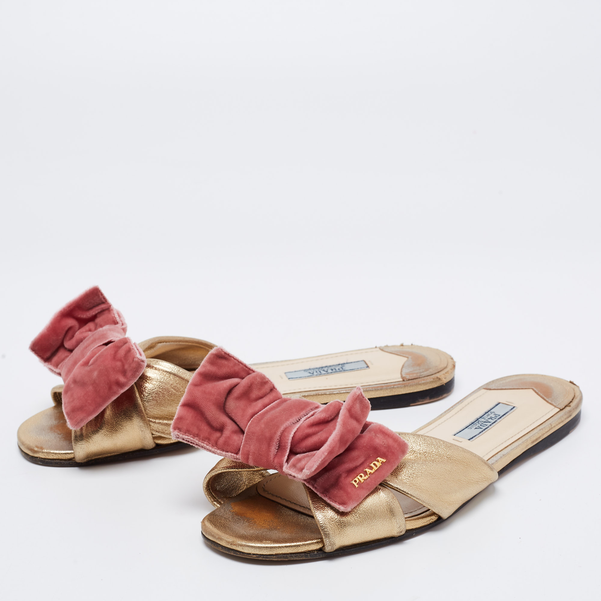 

Prada Metallic Gold Leather and Velvet Bow Open Toe Flat Sandals Size