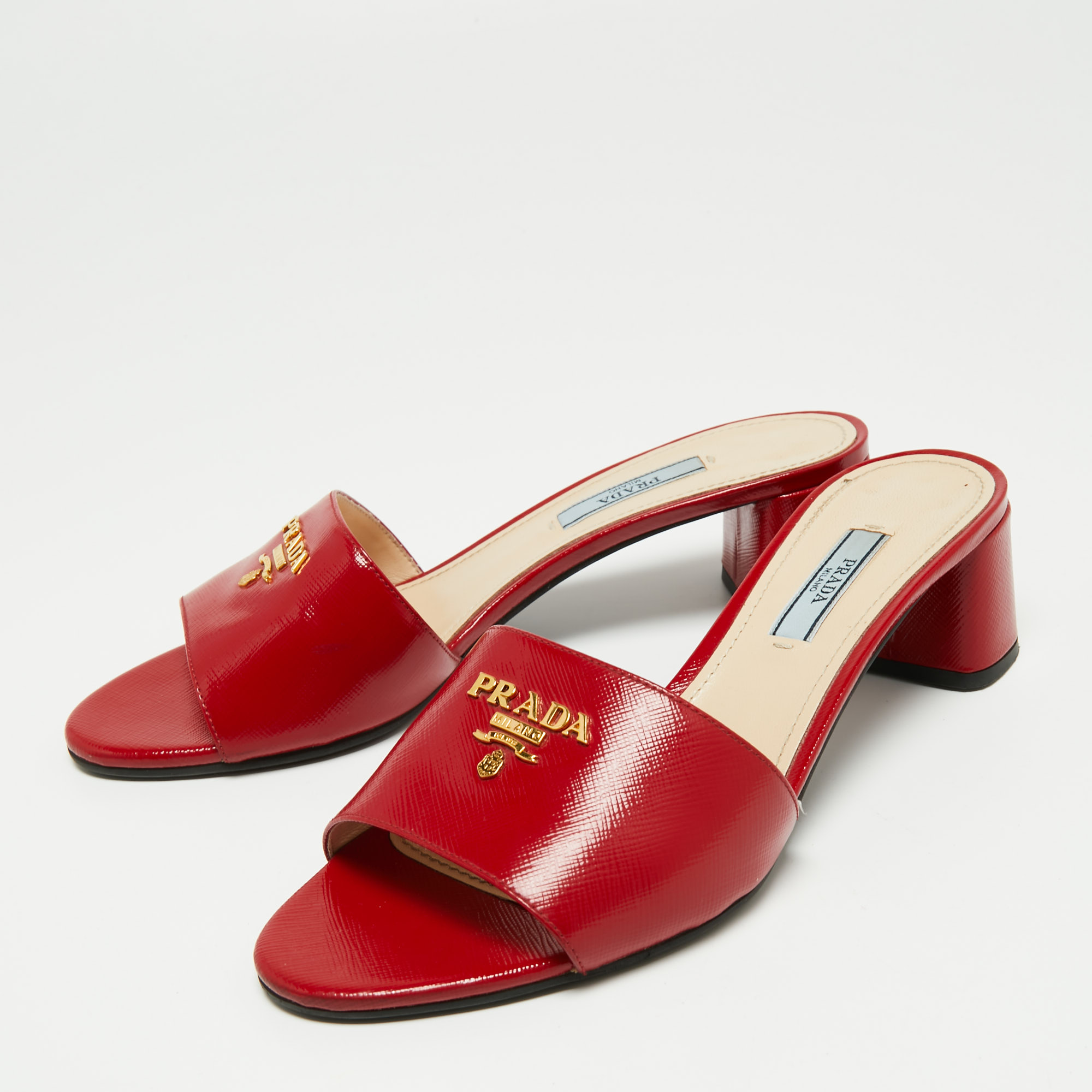 

Prada Red Patent Saffiano Leather Block Heel Slide Sandals Size