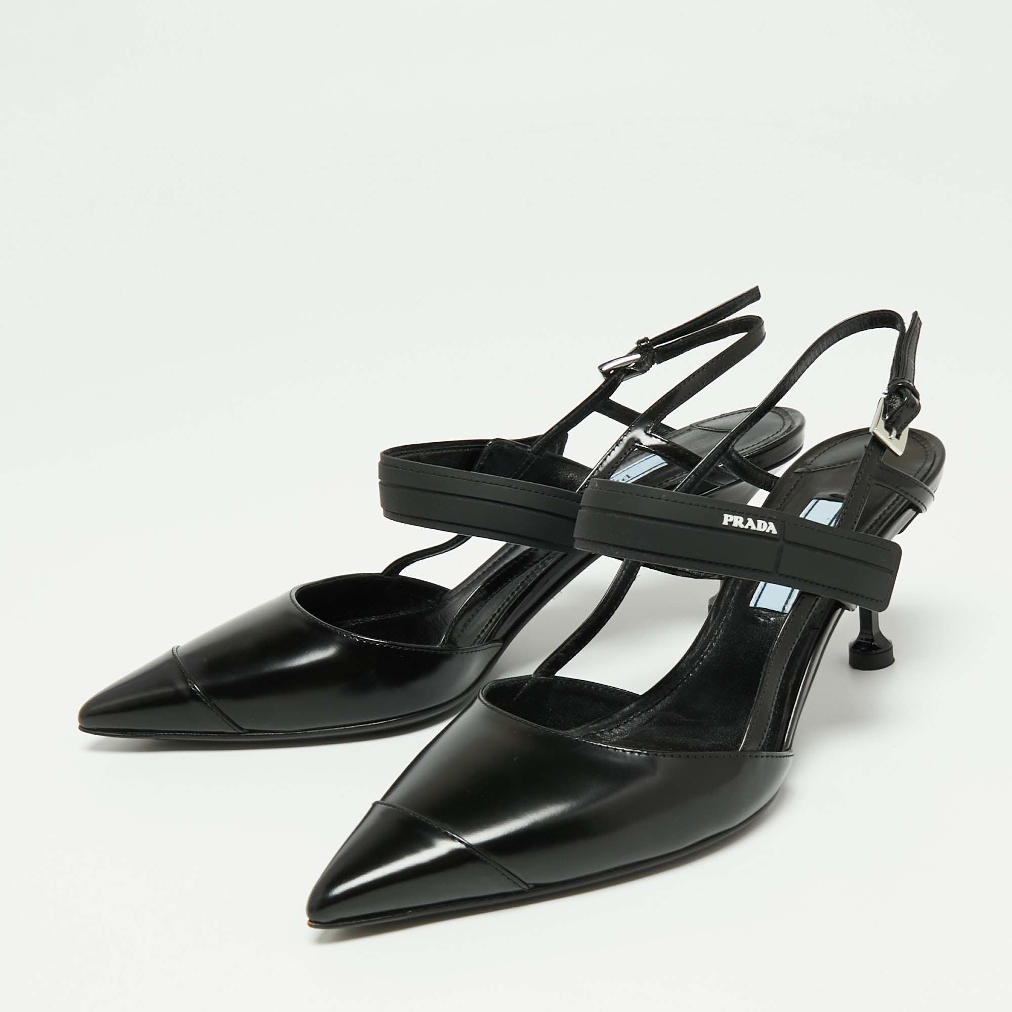 

Prada Black Leather Cap Toe Slingback Sandals Size