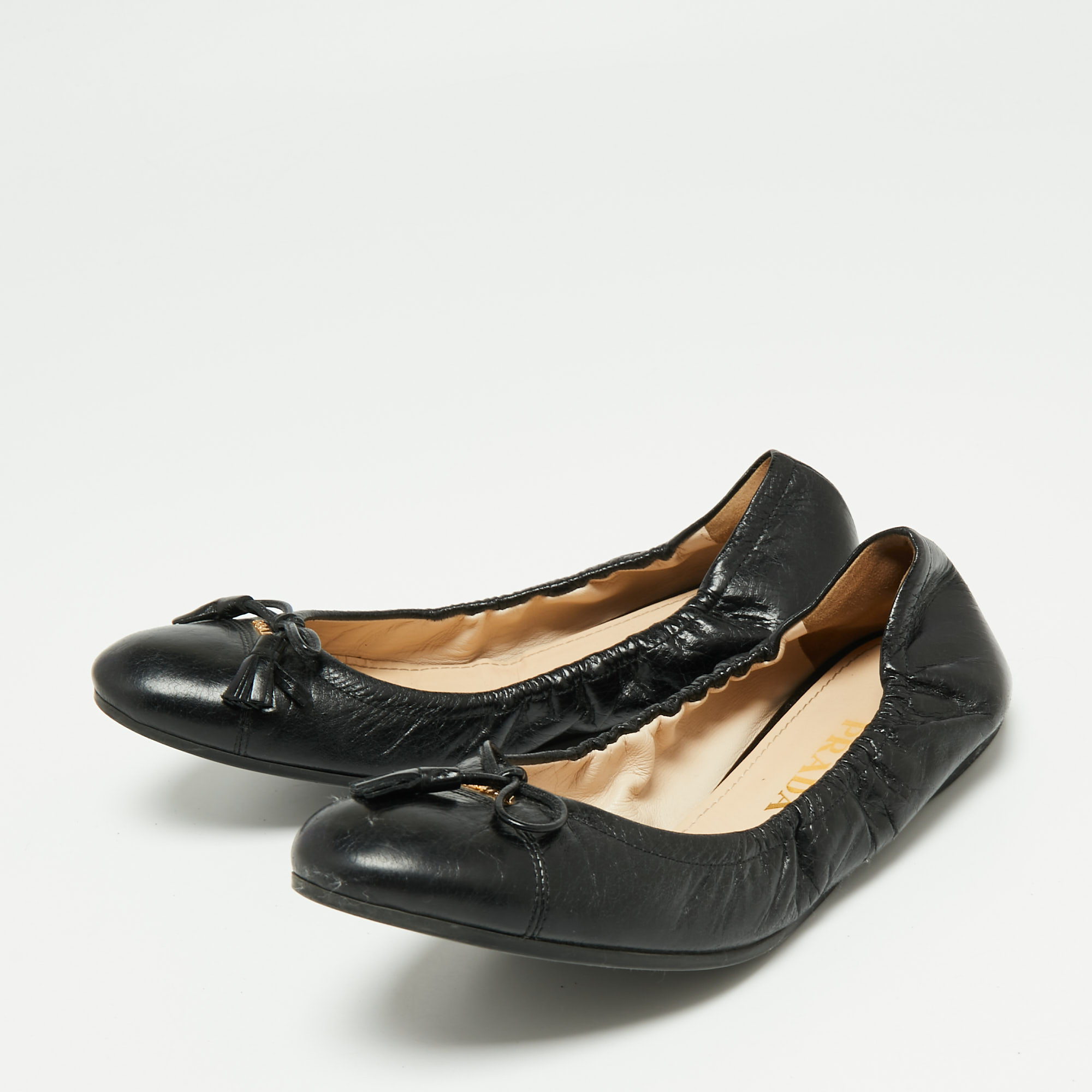 

Prada Black Leather Bow Scrunch Ballet Flats Size