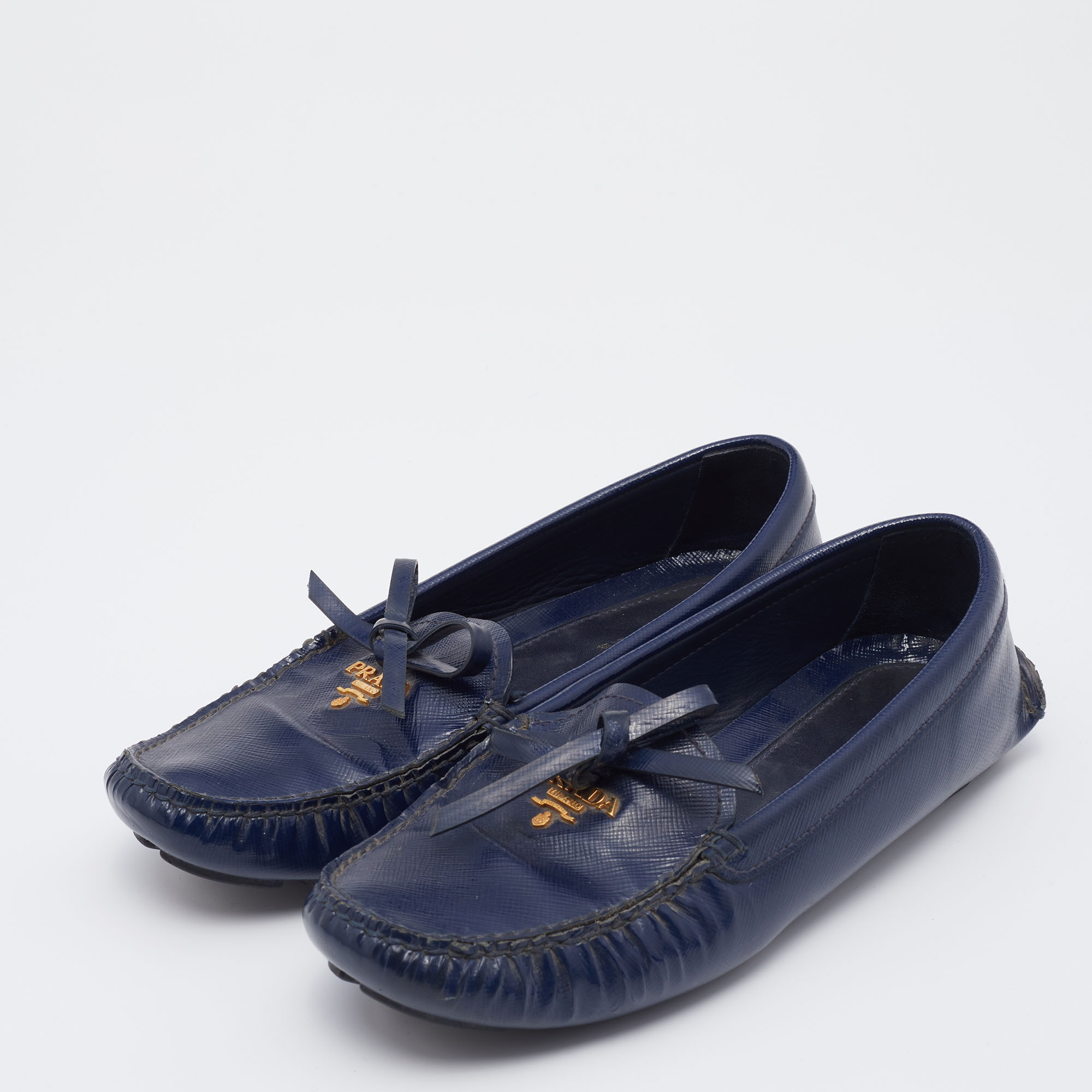 Prada Navy Blue Saffiano Patent Leather Bow Slip On Loafers Size