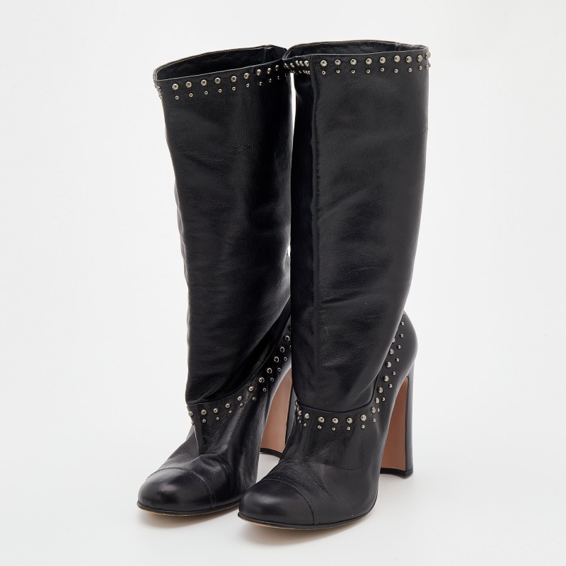 

Prada Black Leather Studded Mid-Calf Length Boots Size