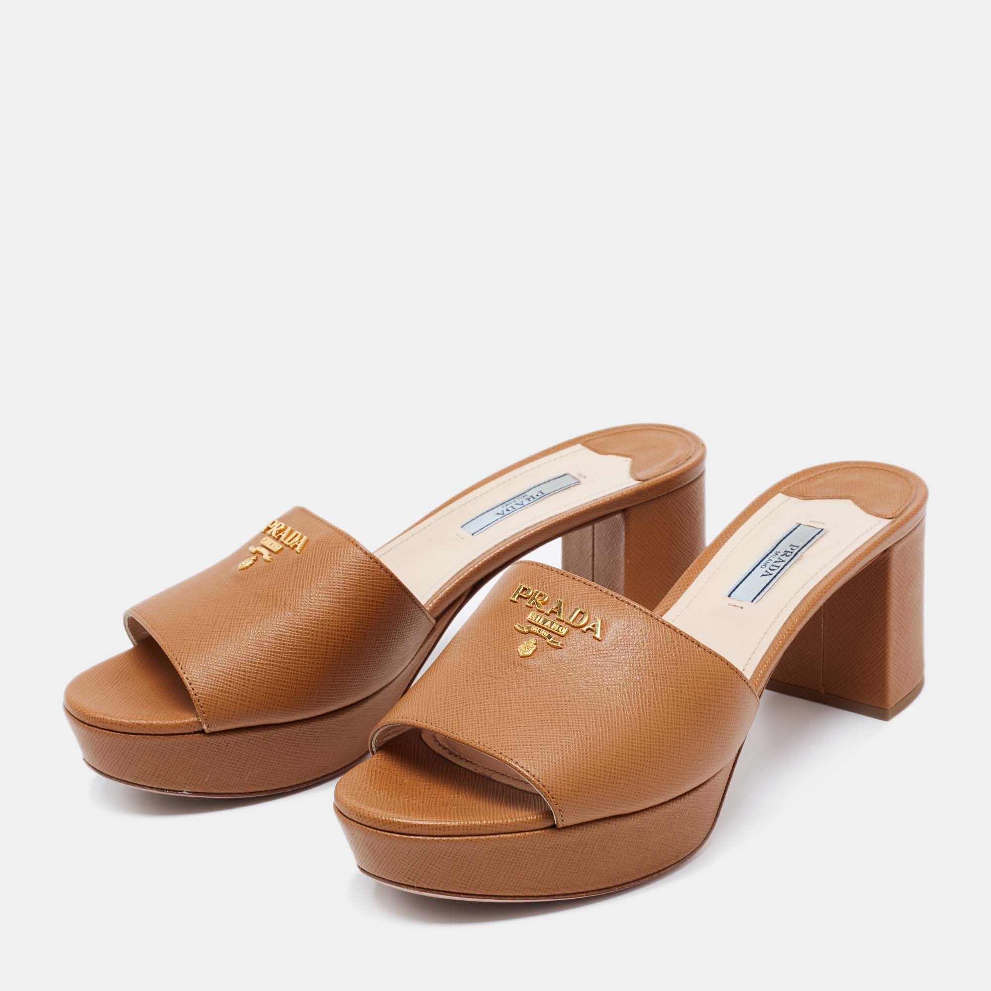 

Prada Tan Saffiano Leather Slide Sandals Size