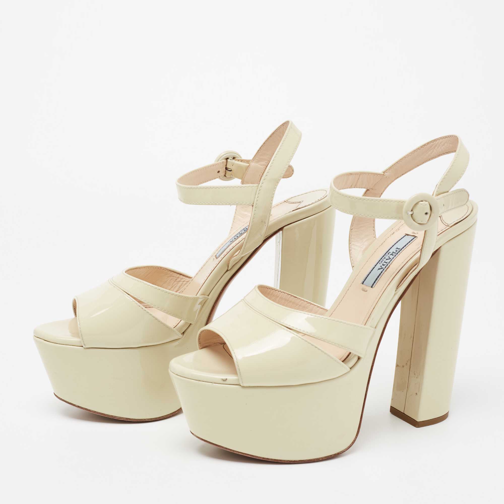 

Prada Cream Patent Leather Platform Ankle Strap Sandals Size