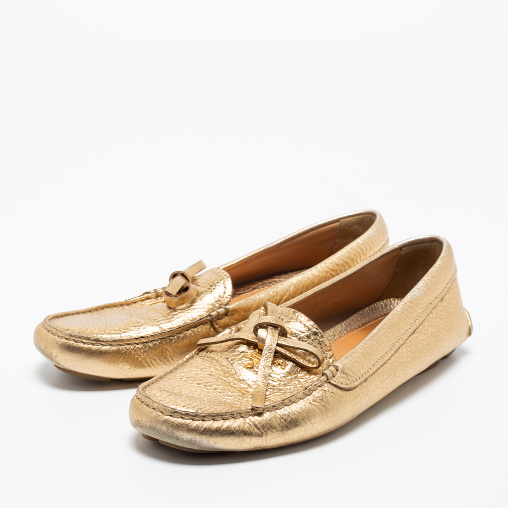 Prada Gold Leather Bow Slip-On Loafers Size