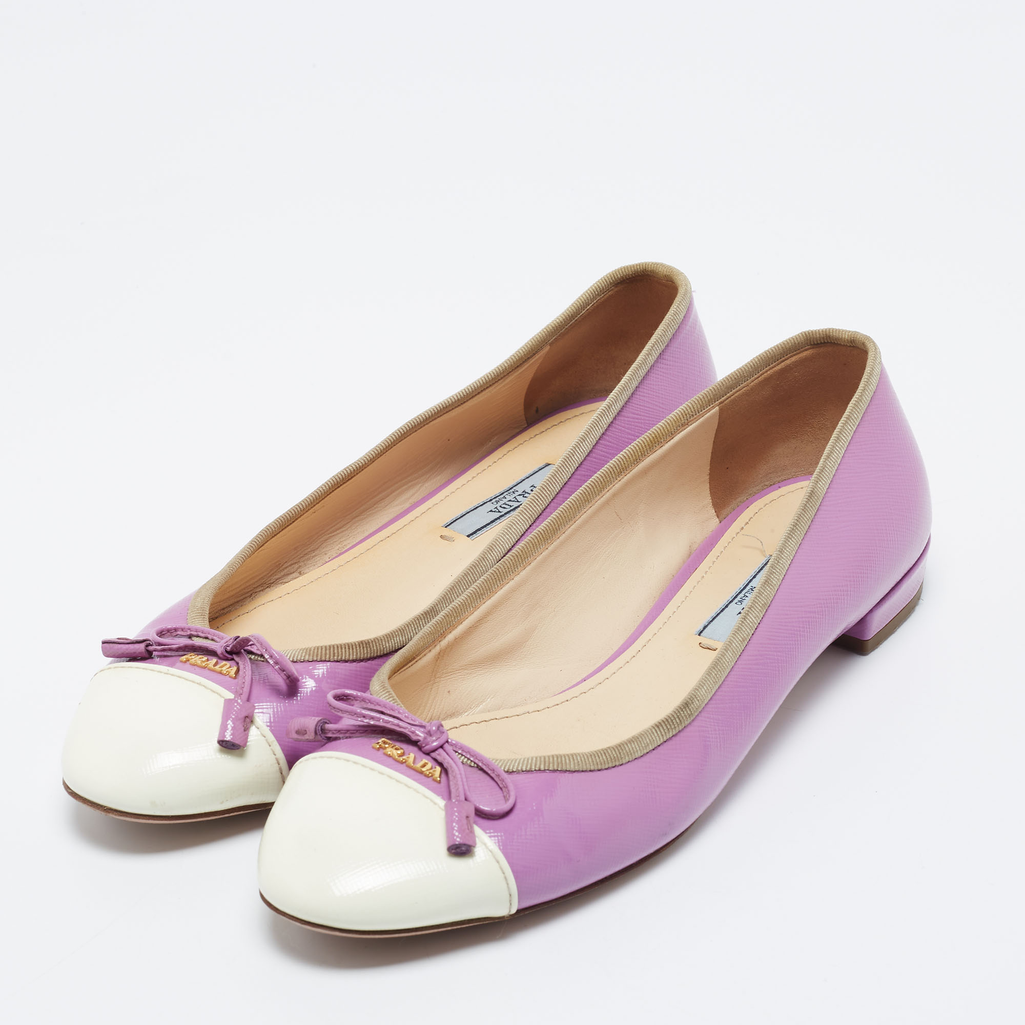 

Prada Purple/White Saffiano Patent Leather Bow Cap Toe Ballet Flats Size