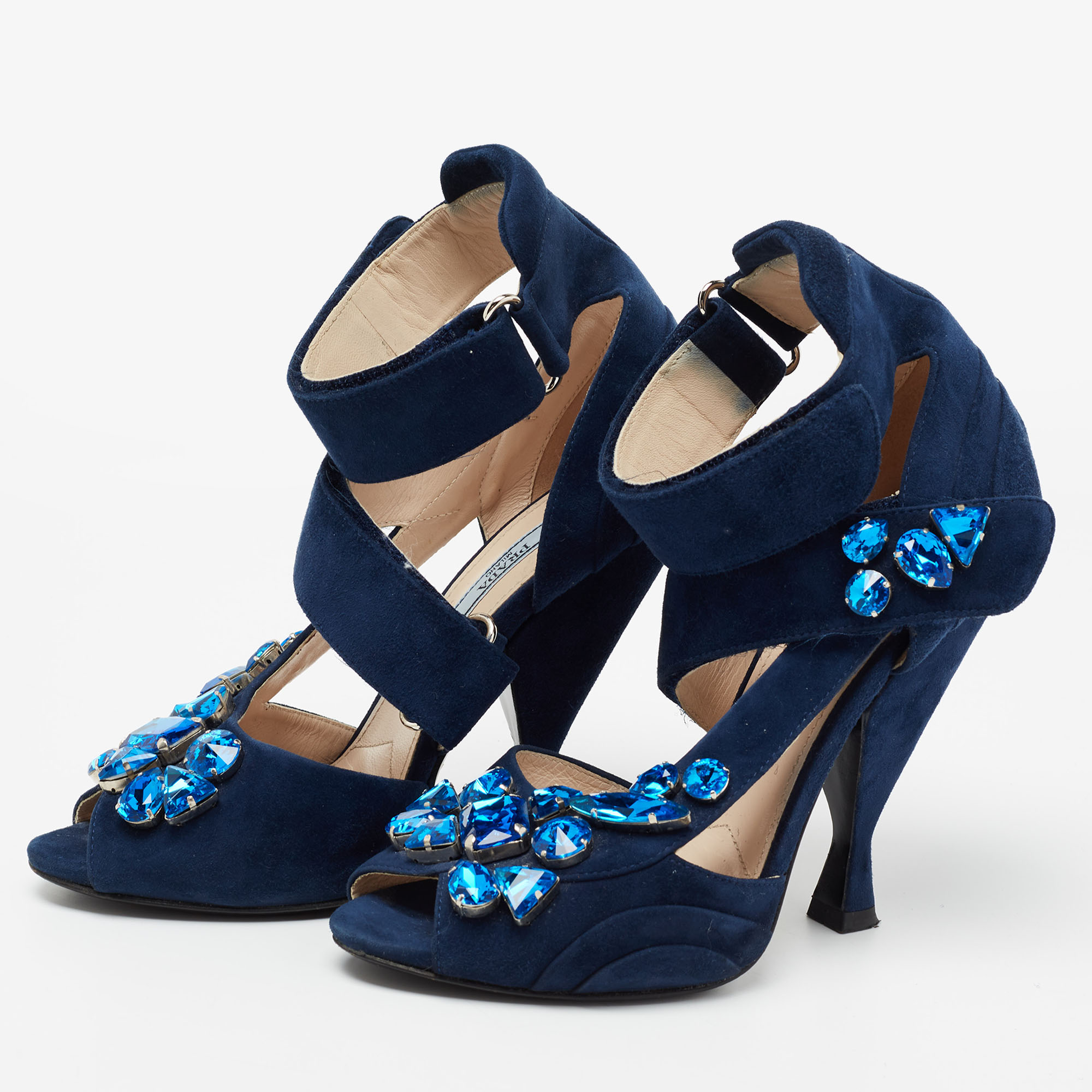 

Prada Blue Suede Crystal Embellished Ankle Strap Sandals Size