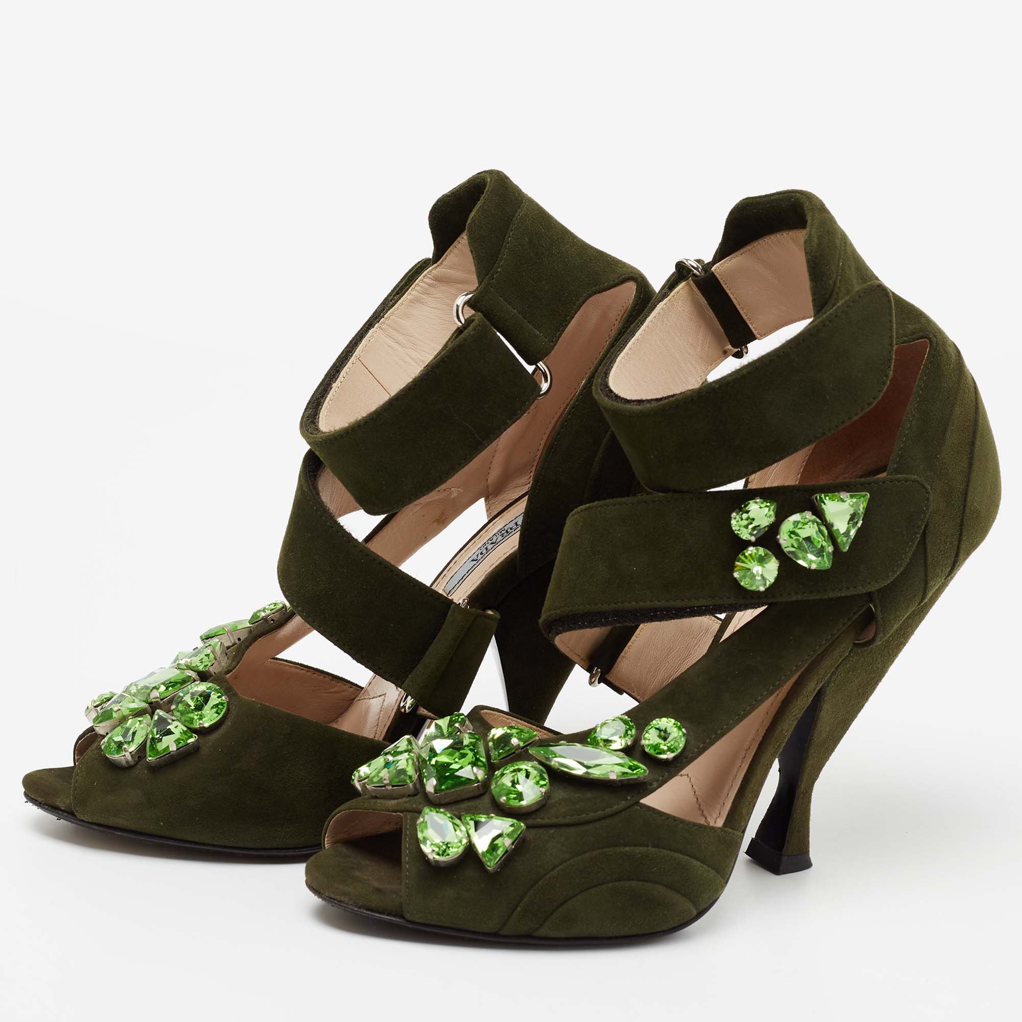 

Prada Green Suede Jewel Embellished Ankle-Strap Sandals Size