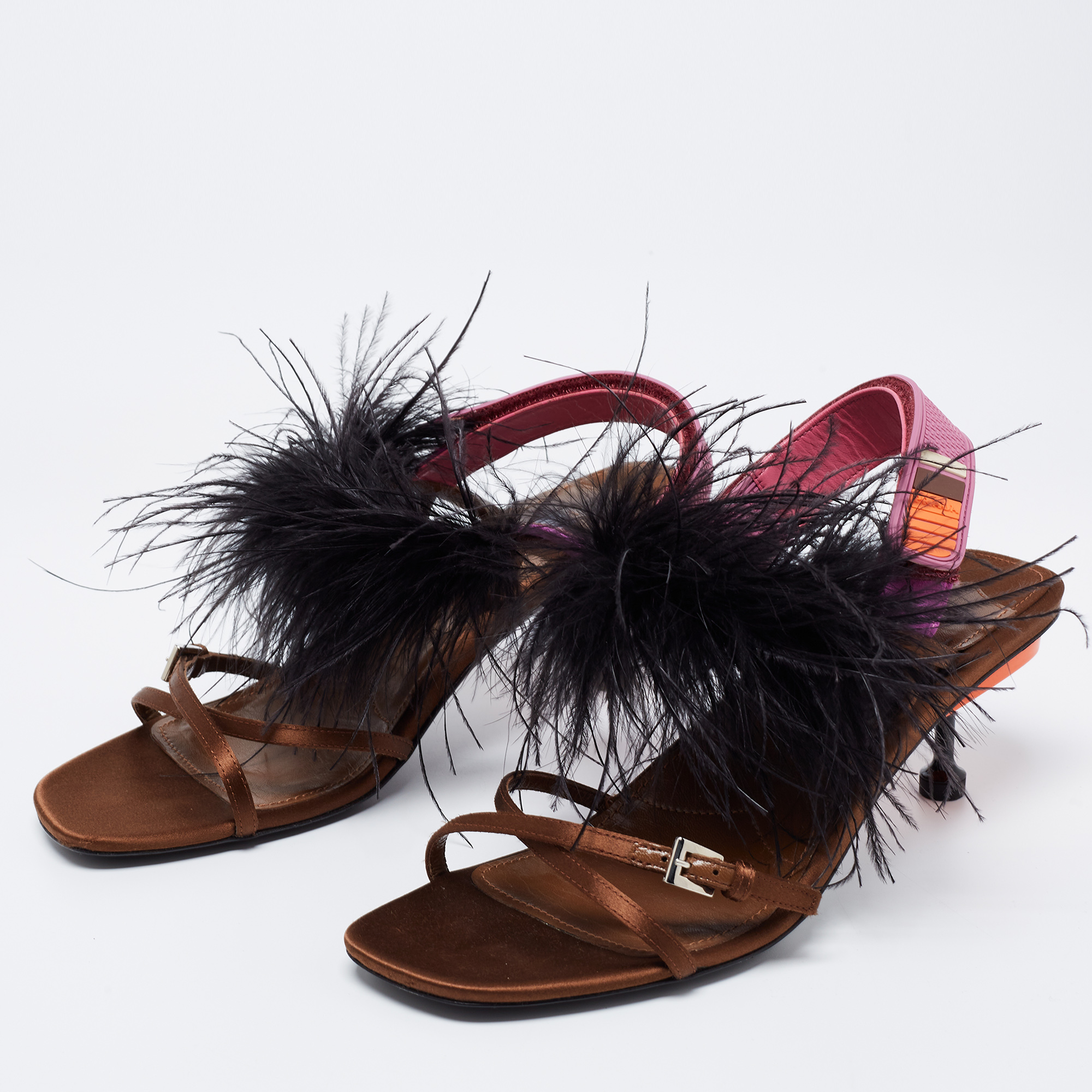 

Prada Multicolor Satin and Feather Trim Slingback Sandals Size