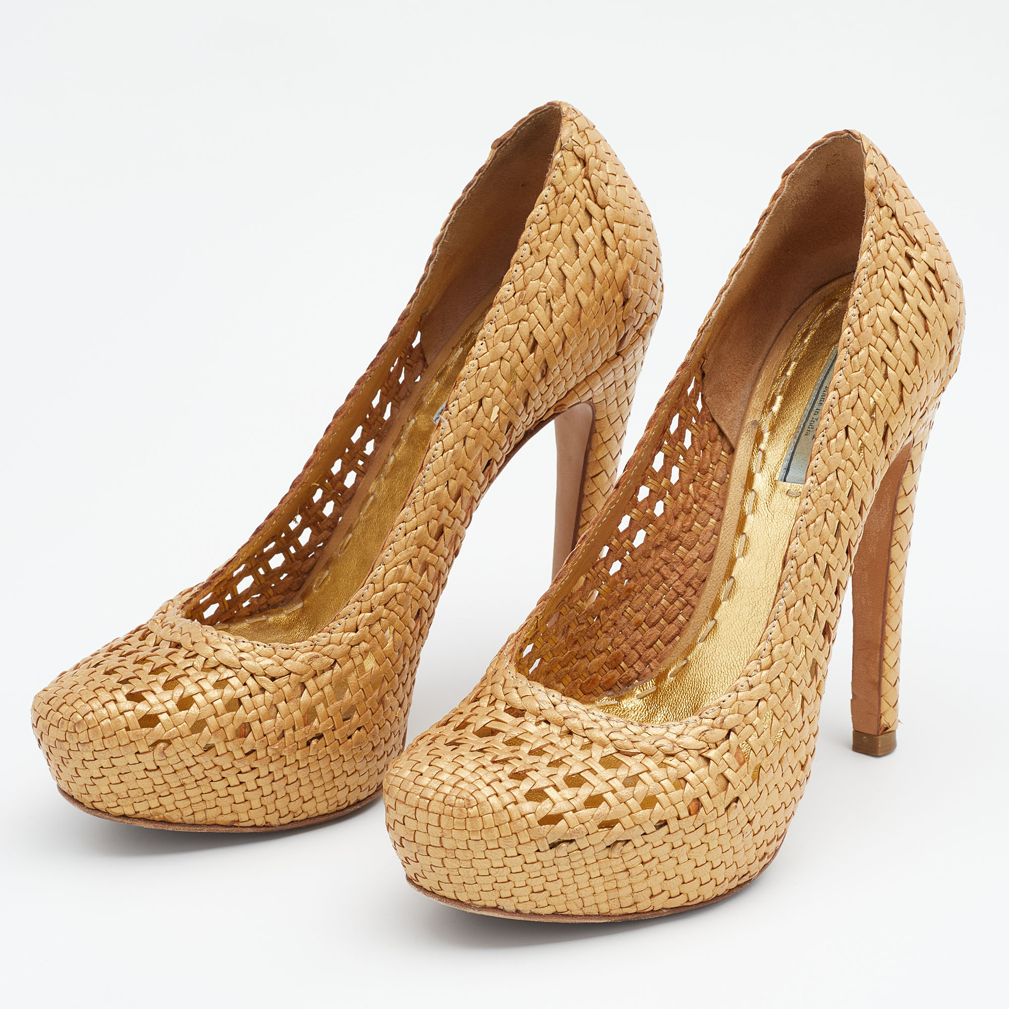

Prada Metallic Gold Woven Leather Madras Platform Pumps Size