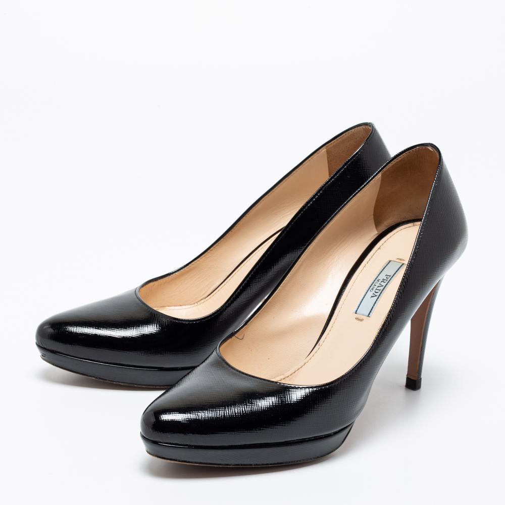 

Prada Black Vernice Saffiano Leather Platform Pumps Size
