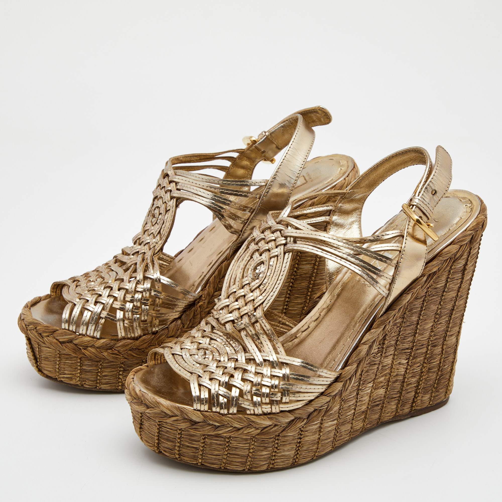 

Prada Metallic Gold Leather Raffia Platform Wedge Sandals Size