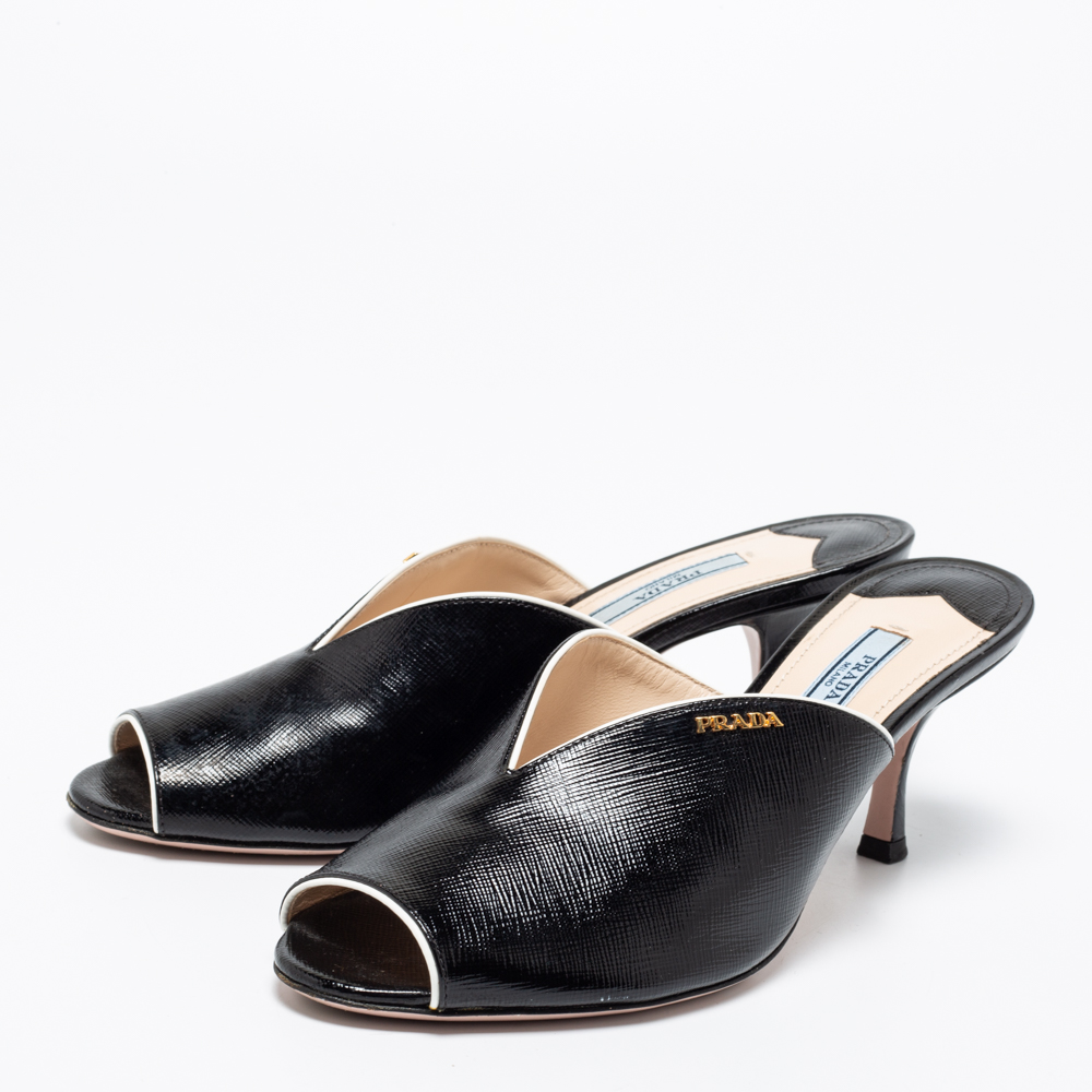 

Prada Black Saffiano Patent Leather Peep Toe Mules Size