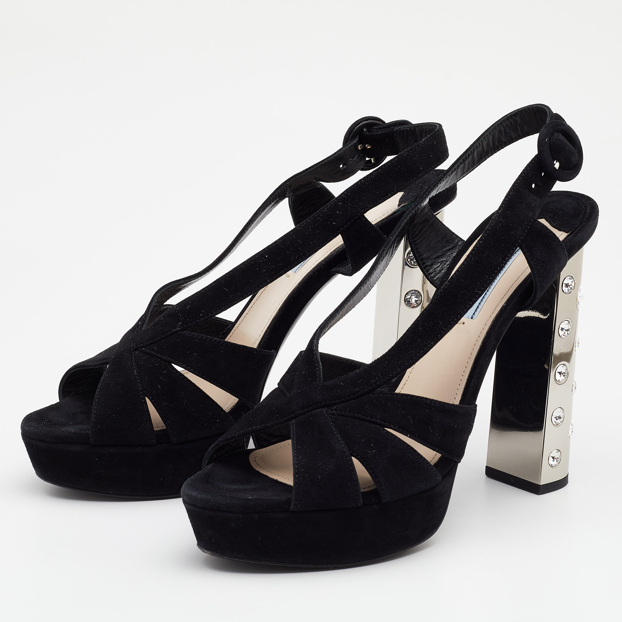 

Prada Black Suede Crystal Embellished Heel Platform Slingback Sandals Size