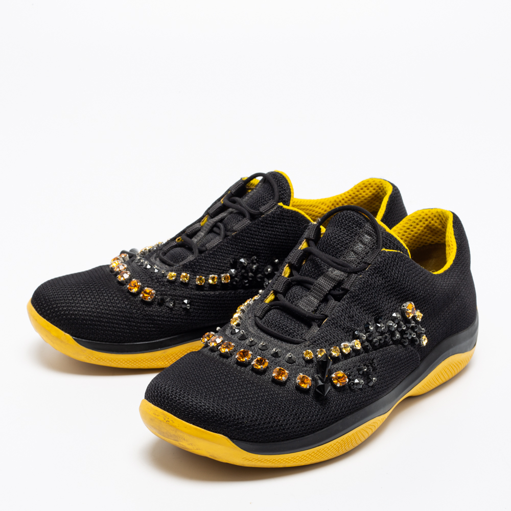 

Prada Black Mesh Crystal Embellished Low-Top Sneakers Size