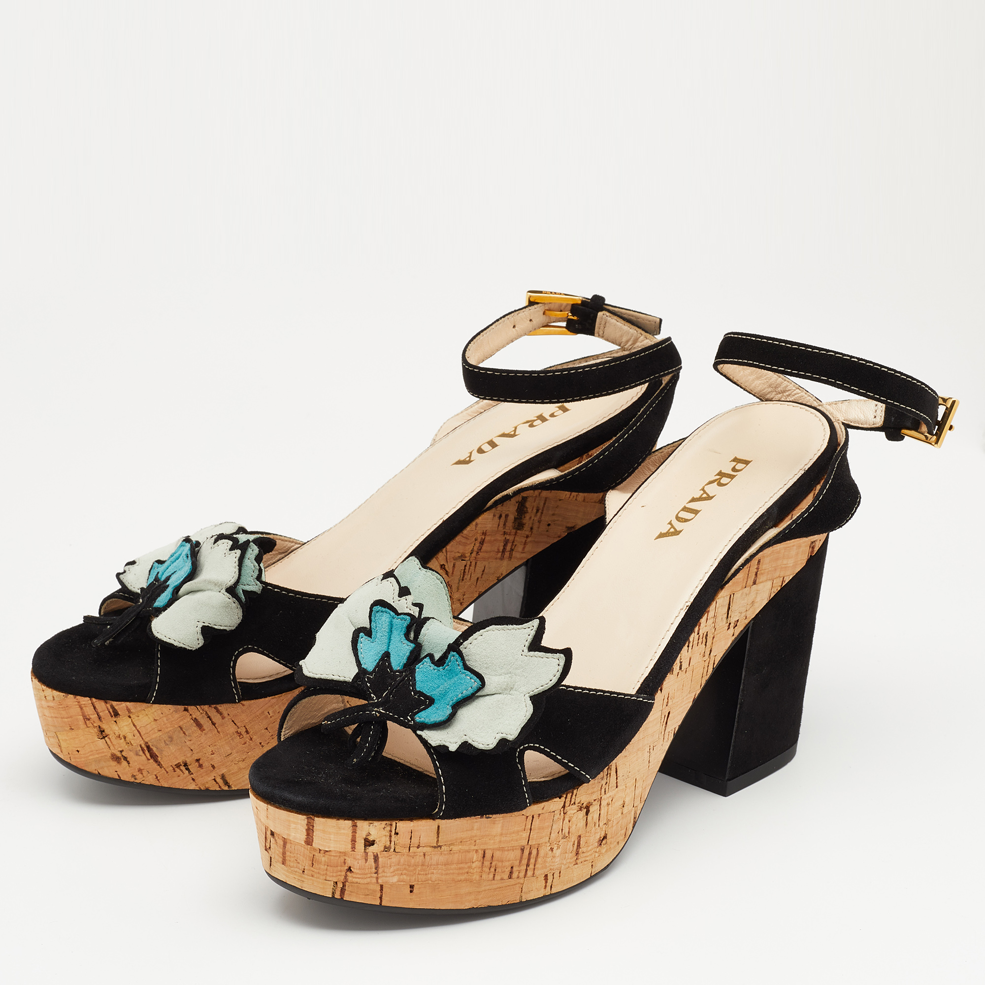 

Prada Multicolor Suede Flower Applique Ankle Strap Platform Sandals Size