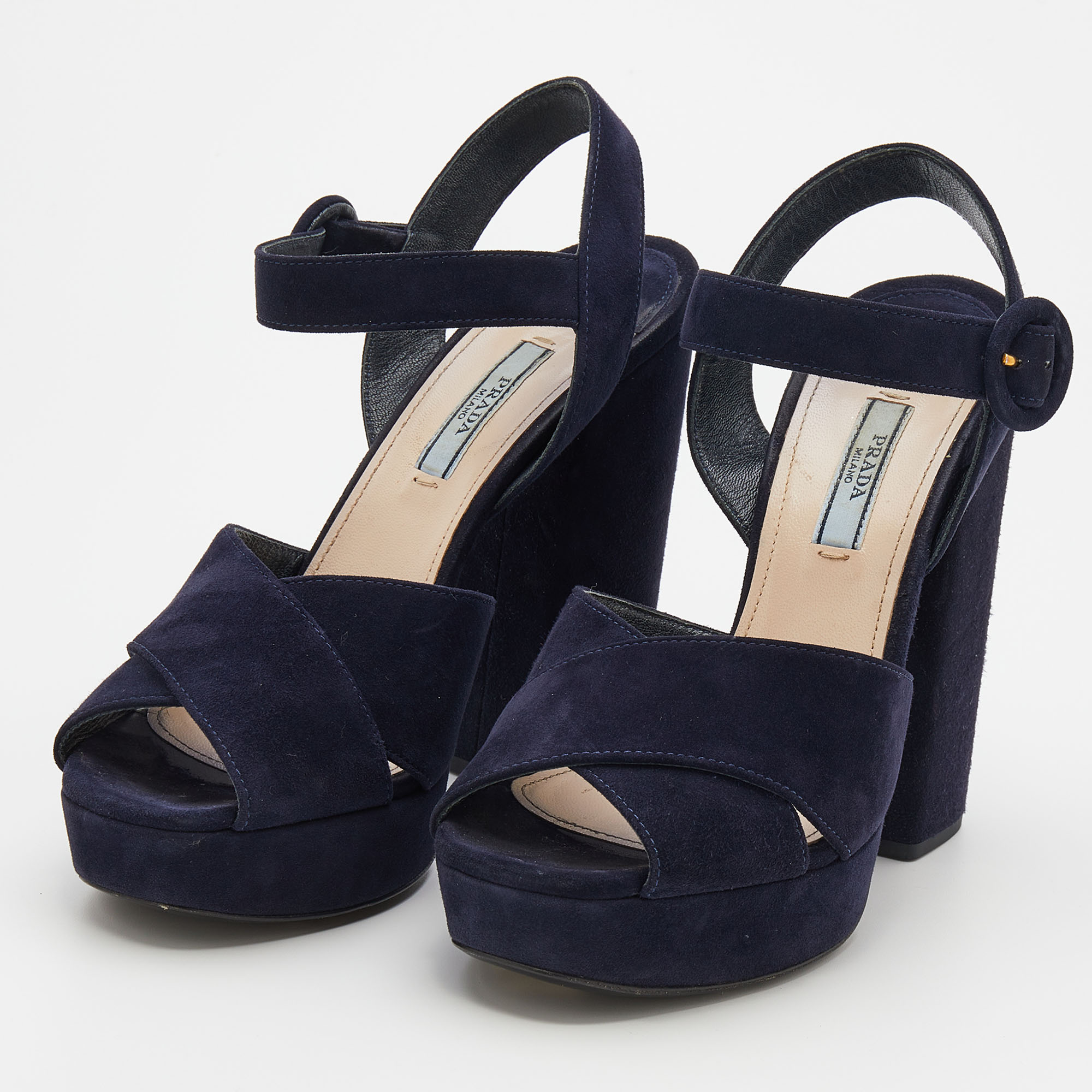 

Prada Navy Blue Suede Ankle Strap Platform Sandals Size