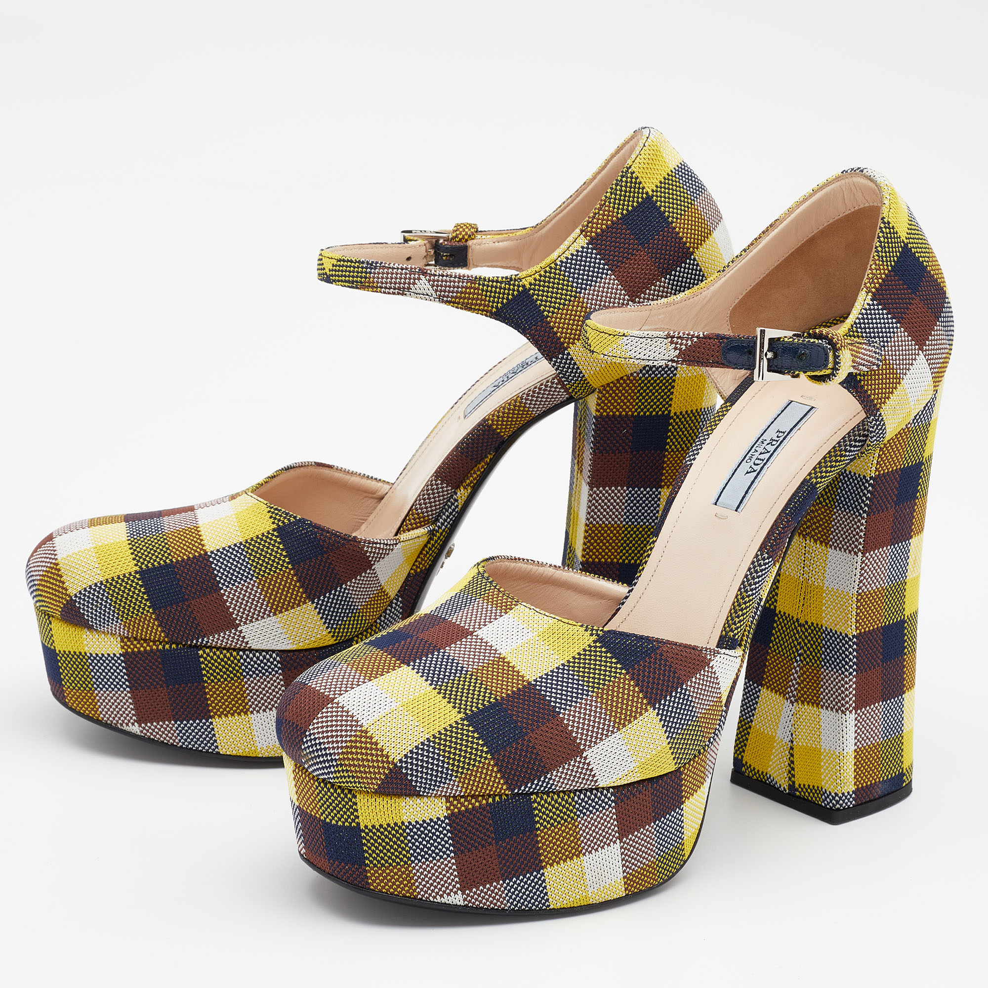

Prada Multicolor Check Canvas Platform Ankle Strap Pumps Size