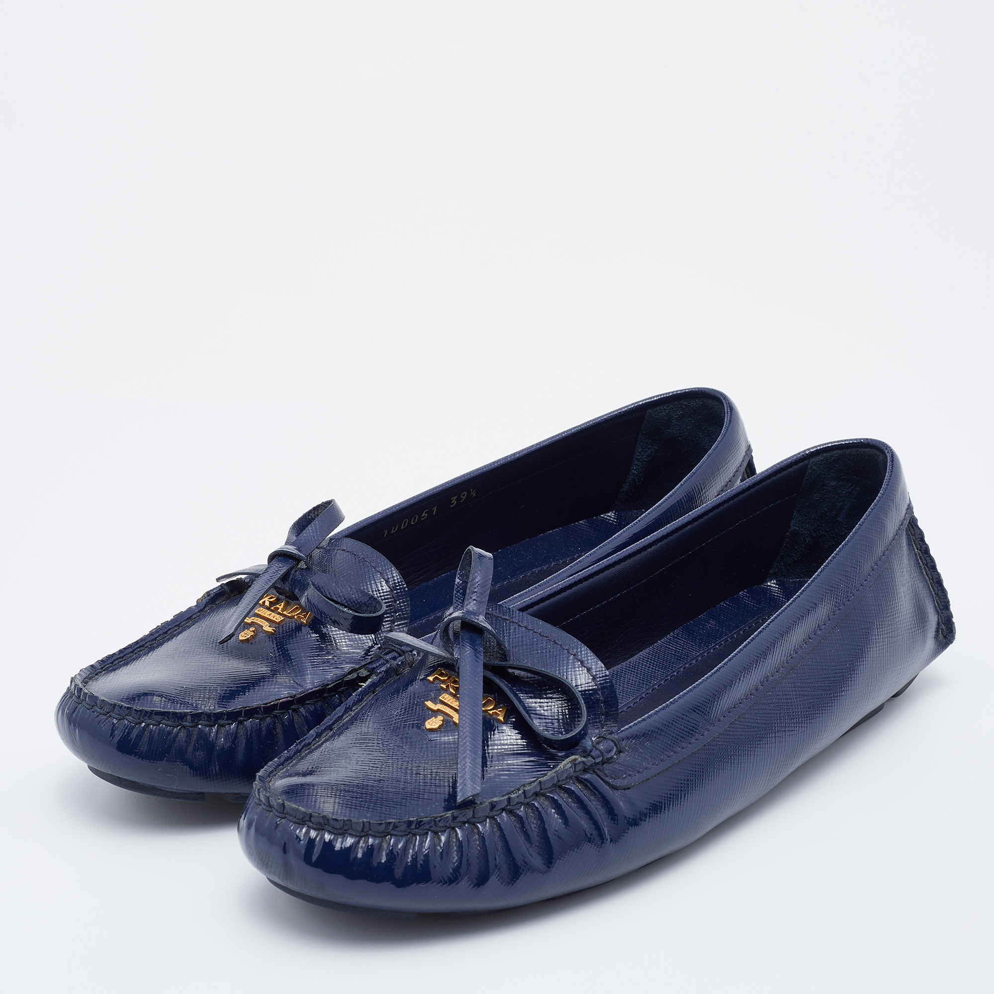 

Prada Dark Blue Patent Leather Bow Slip On Loafers Size